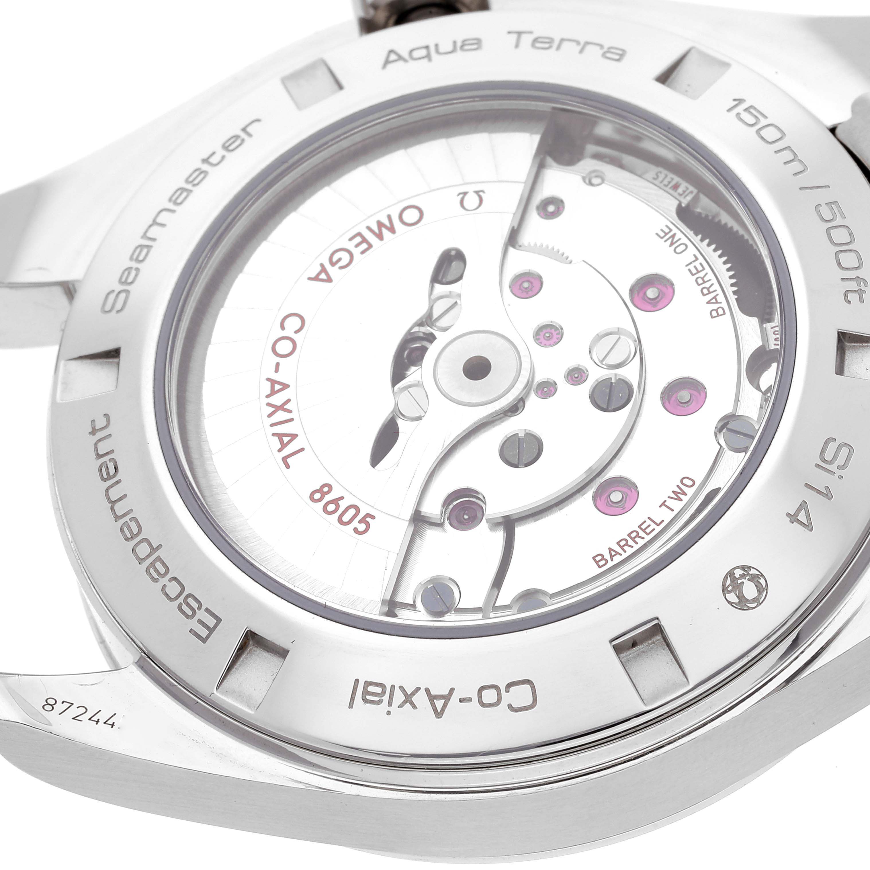 The image shows the back view of the Omega Aqua Terra 231.10.43.22.03.001 Men
s Stainless Steel Blue Dial 231.10.43.22.03.001 Men
s Stainless Steel Blue Dial watch, highlighting its transparent case back, movement, and inscriptions.