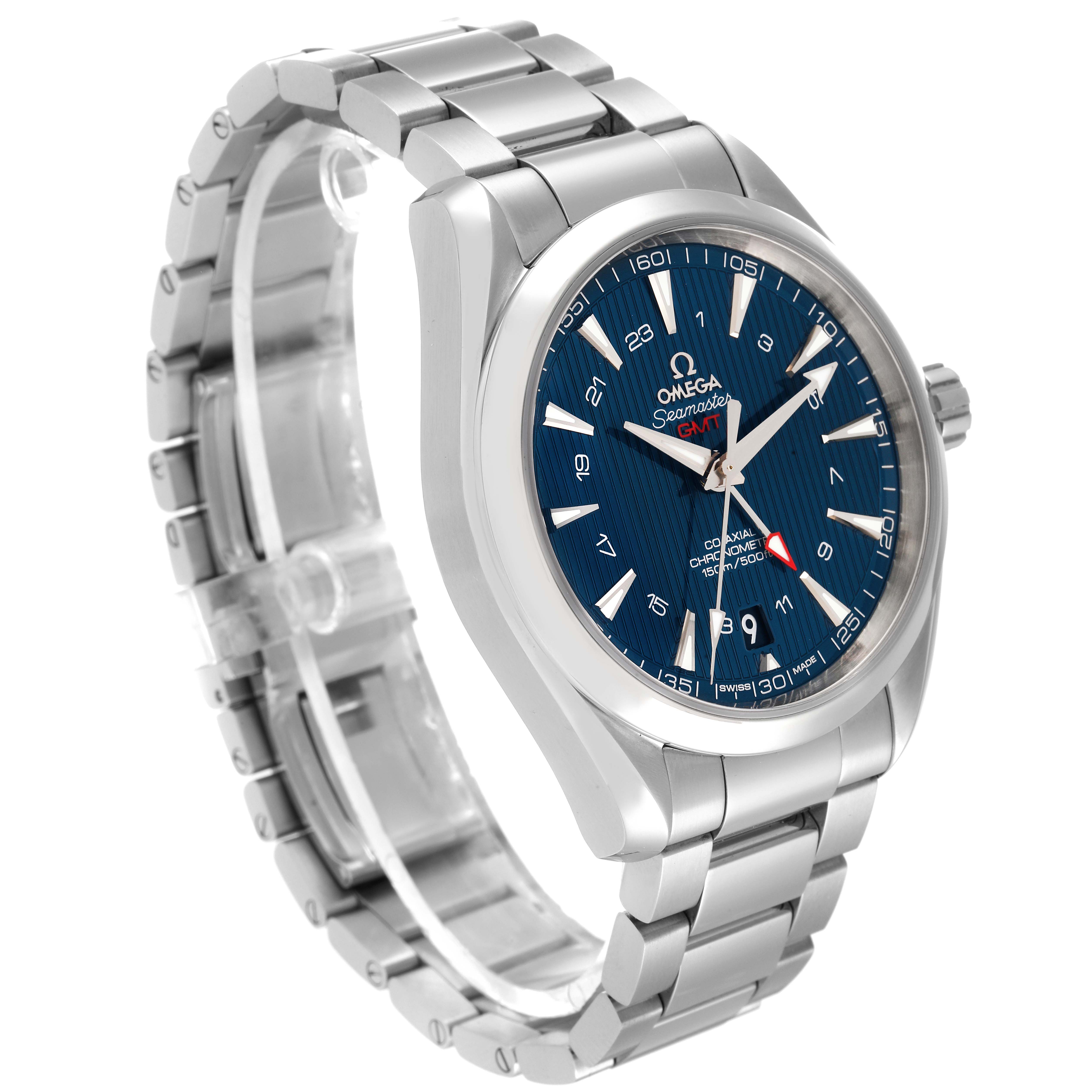 The Omega Aqua Terra 231.10.43.22.03.001 Men
s Stainless Steel Blue Dial 231.10.43.22.03.001 Men
s Stainless Steel Blue Dial watch is shown at an angle highlighting its stainless steel bracelet, blue dial, and markings.
