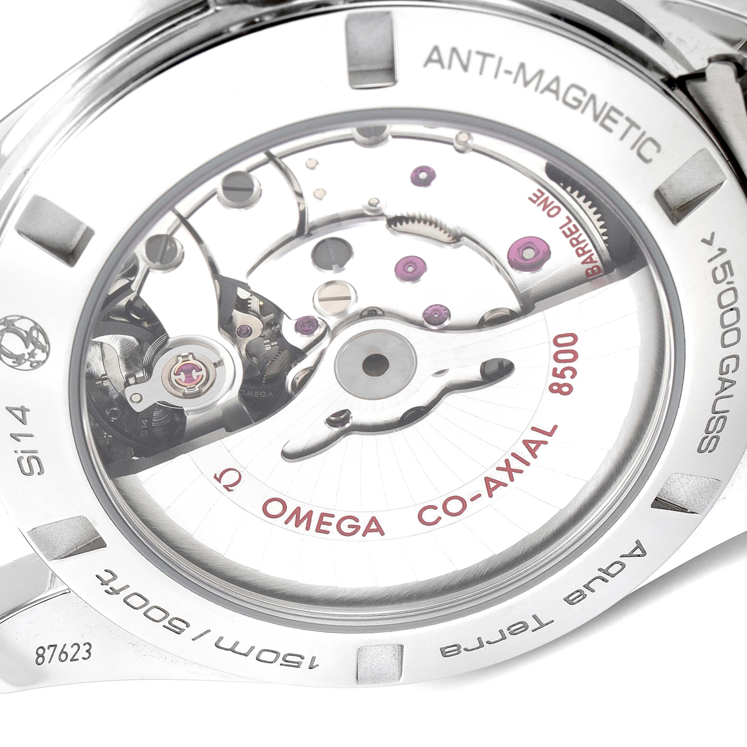 This image shows the Omega Aqua Terra 231.10.42.21.02.004 Men's Stainless Steel Silver Dial 231.10.42.21.02.004 Men's Stainless Steel Silver Dial watch's case back, highlighting the co-axial movement mechanism.
