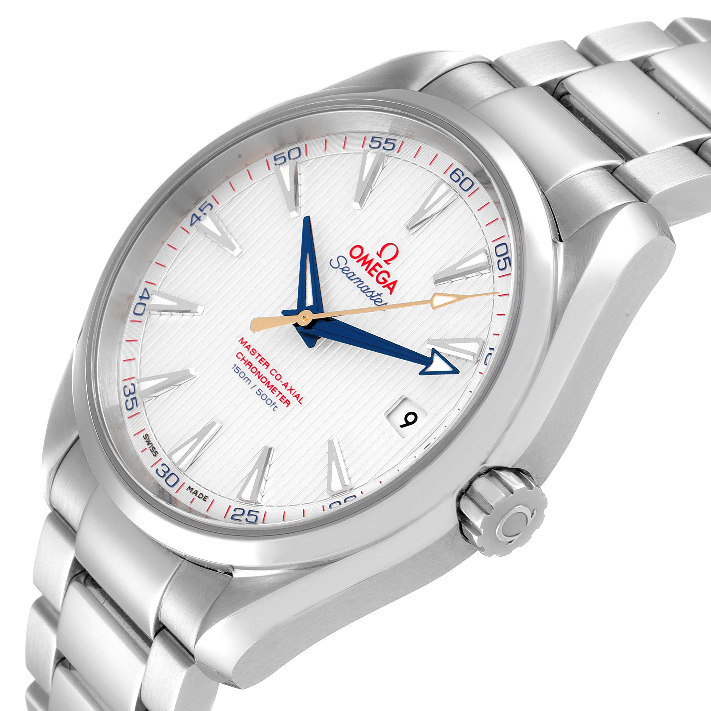 This is a close-up angle of an Omega Aqua Terra 231.10.42.21.02.004 Men's Stainless Steel Silver Dial 231.10.42.21.02.004 Men's Stainless Steel Silver Dial watch showing the face, crown, and part of the metal bracelet.