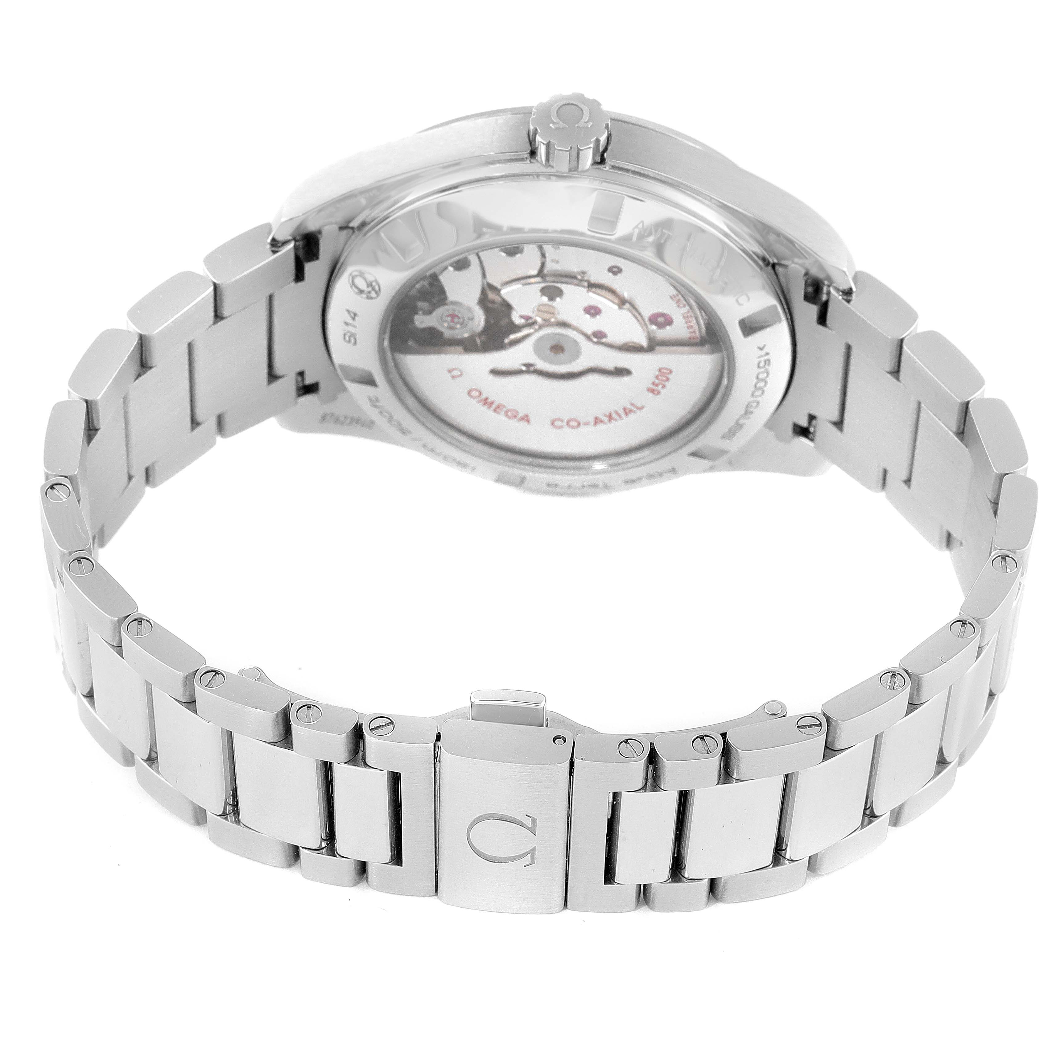 This image shows the back view and bracelet of the Omega Aqua Terra 231.10.42.21.02.004 Men's Stainless Steel Silver Dial 231.10.42.21.02.004 Men's Stainless Steel Silver Dial watch, displaying the movement through a transparent case back.