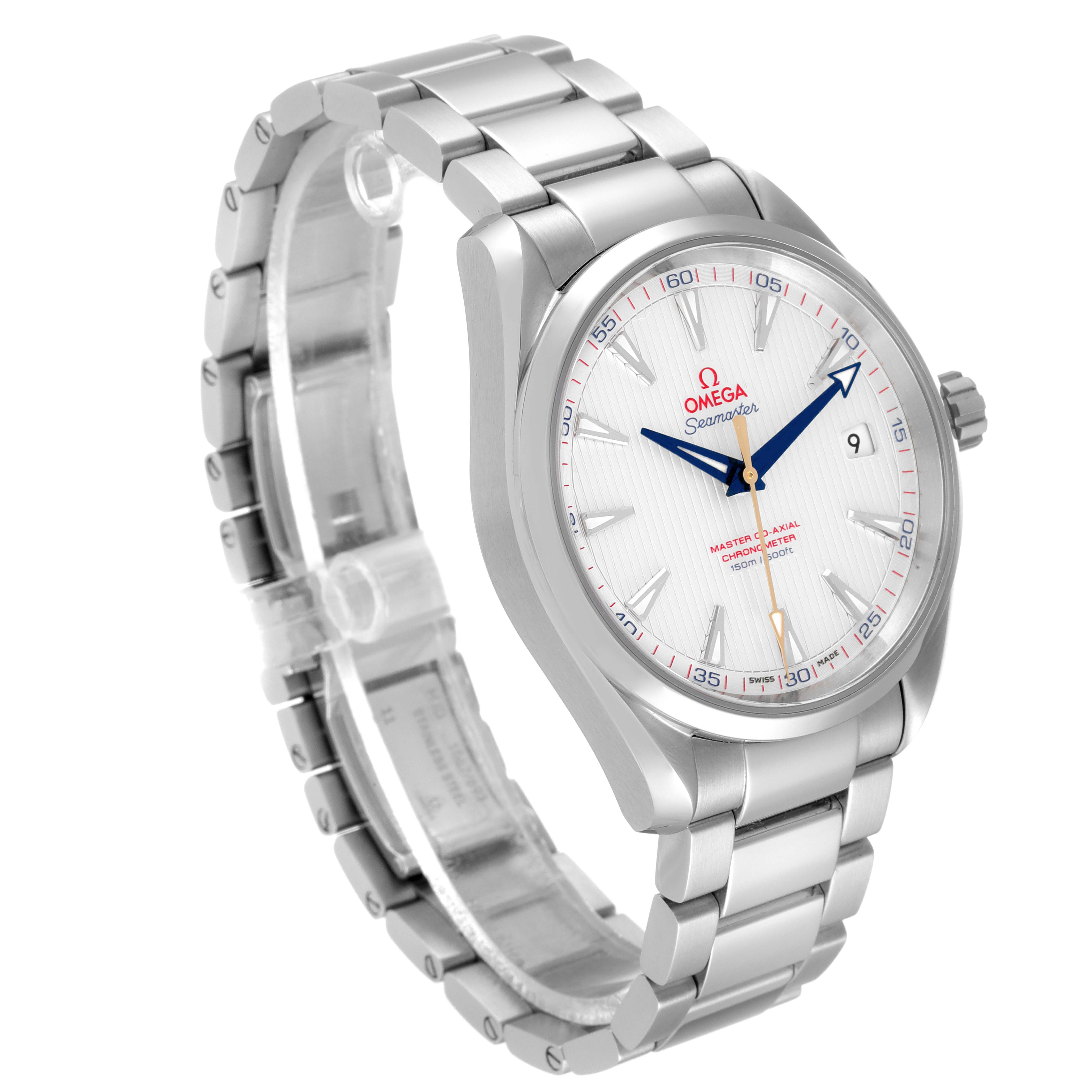 The image shows an Omega Aqua Terra 231.10.42.21.02.004 Men's Stainless Steel Silver Dial 231.10.42.21.02.004 Men's Stainless Steel Silver Dial watch angled from the top right, highlighting its face, bracelet, and crown.