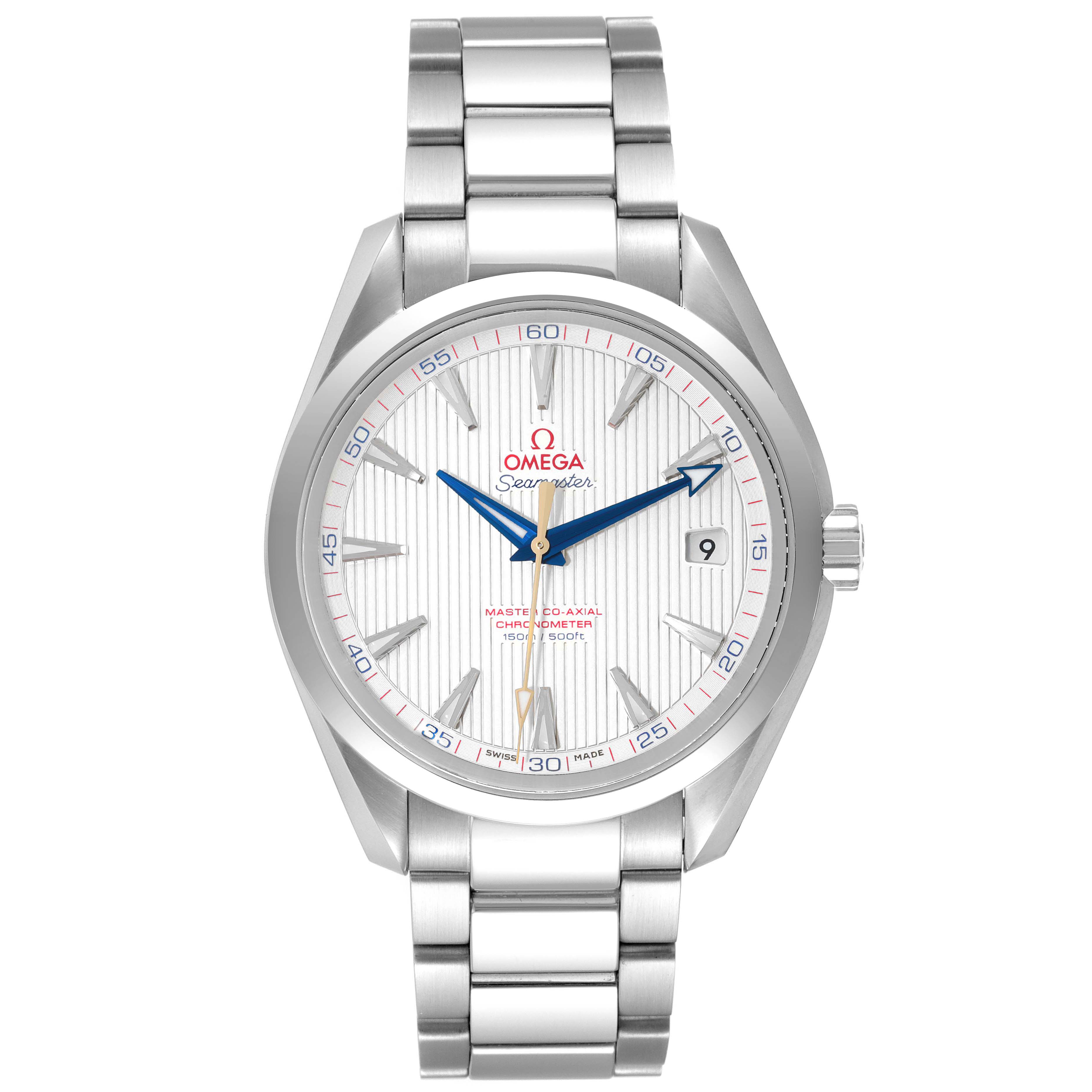 The Omega Aqua Terra 231.10.42.21.02.004 Men's Stainless Steel Silver Dial 231.10.42.21.02.004 Men's Stainless Steel Silver Dial watch is shown from a front angle, displaying its dial, hands, markers, date window, and bracelet.