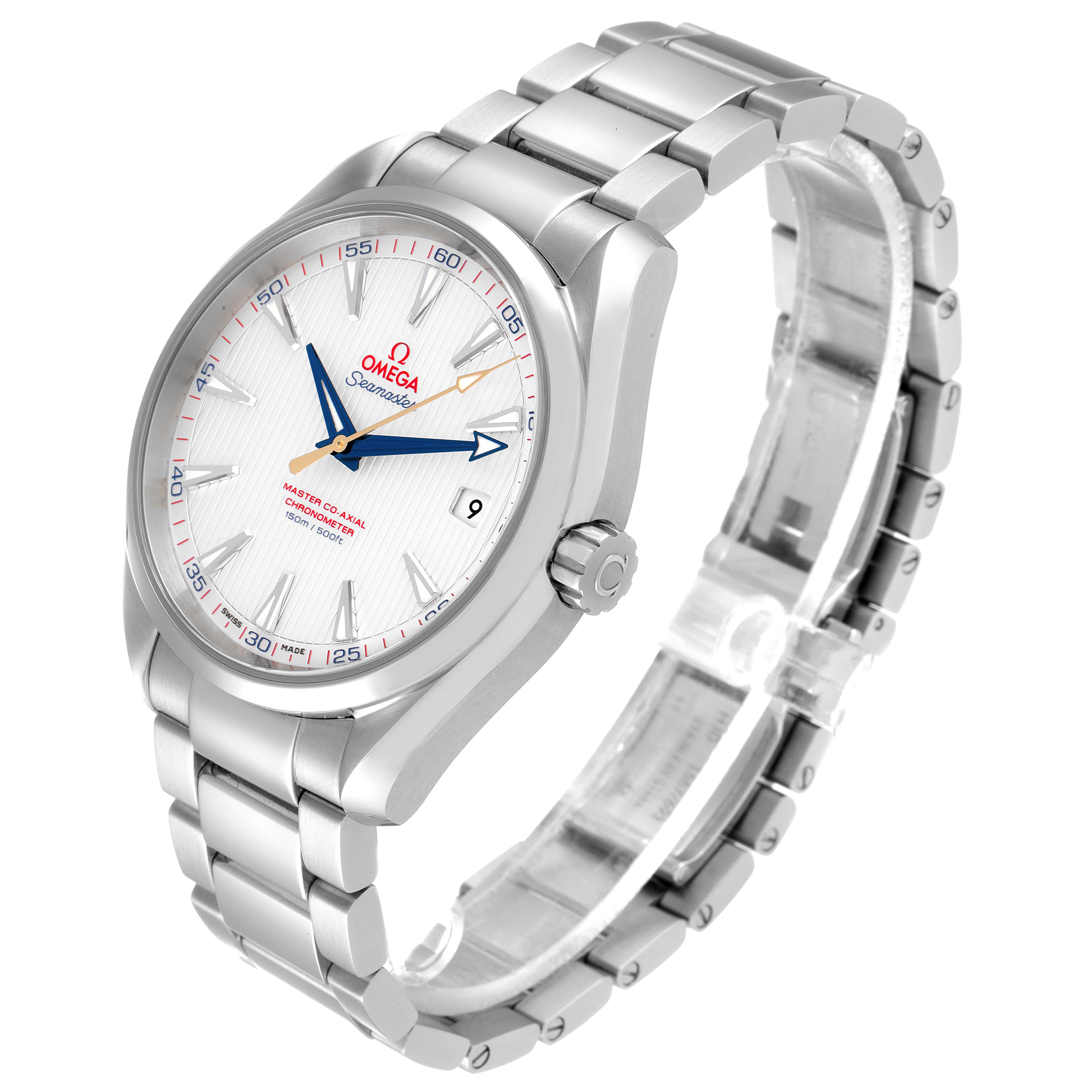 The Omega Aqua Terra 231.10.42.21.02.004 Men's Stainless Steel Silver Dial 231.10.42.21.02.004 Men's Stainless Steel Silver Dial watch is shown from a 3/4 angle displaying its face, bracelet, and crown.