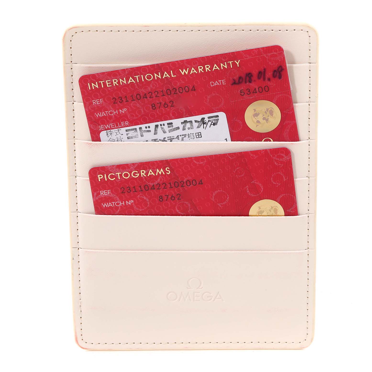 The image shows warranty and pictogram cards for the Omega Aqua Terra 231.10.42.21.02.004 Men's Stainless Steel Silver Dial 231.10.42.21.02.004 Men's Stainless Steel Silver Dial watch model inside a white Omega cardholder.