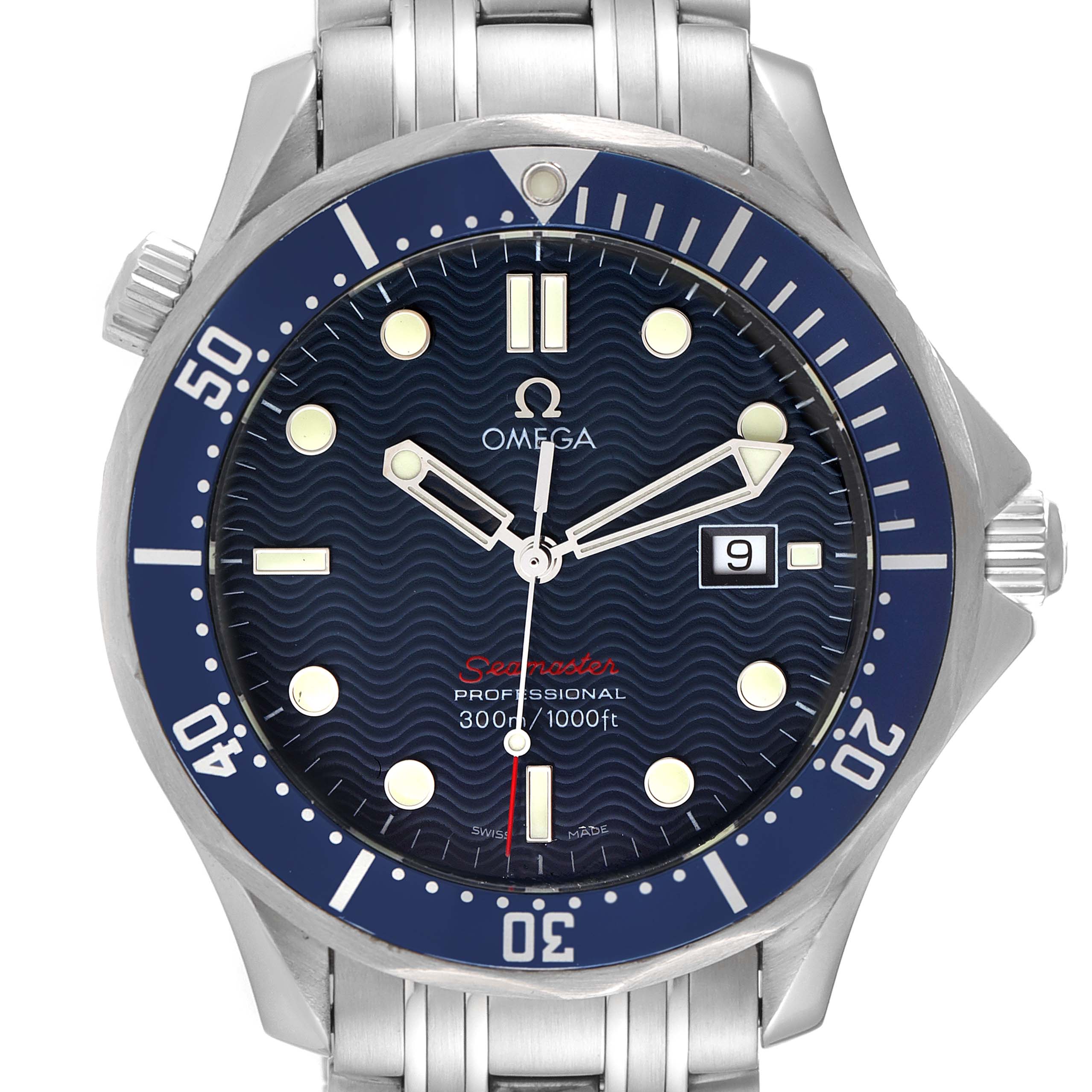 The image shows a front view of an Omega Seamaster 2221.80.00 Men's Stainless Steel Blue Dial 2221.80.00 Men's Stainless Steel Blue Dial watch, displaying the face, bezel, and part of the bracelet.