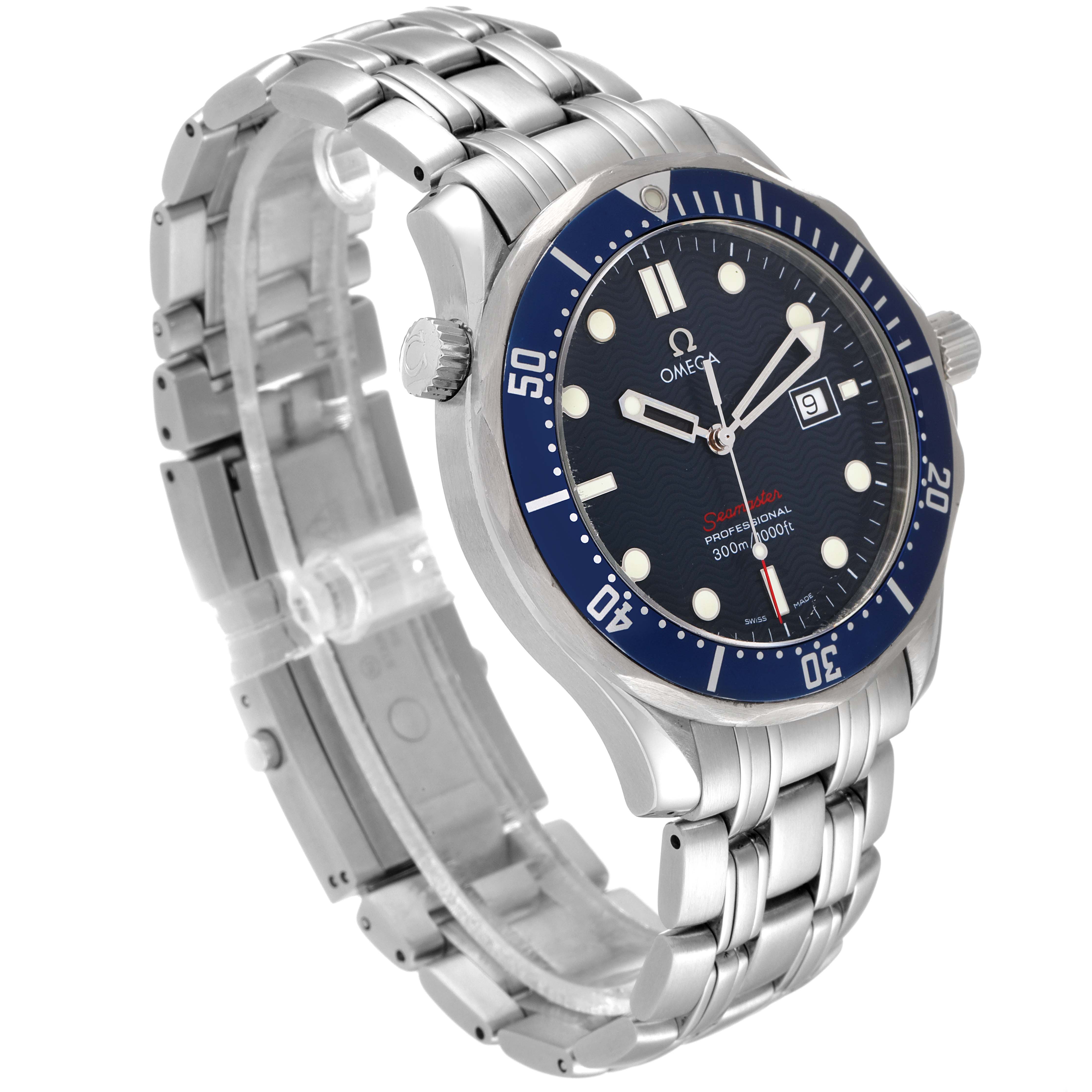 The image shows an angled view of an Omega Seamaster 2221.80.00 Men's Stainless Steel Blue Dial 2221.80.00 Men's Stainless Steel Blue Dial watch, highlighting its face, bezel, crown, and metal bracelet.