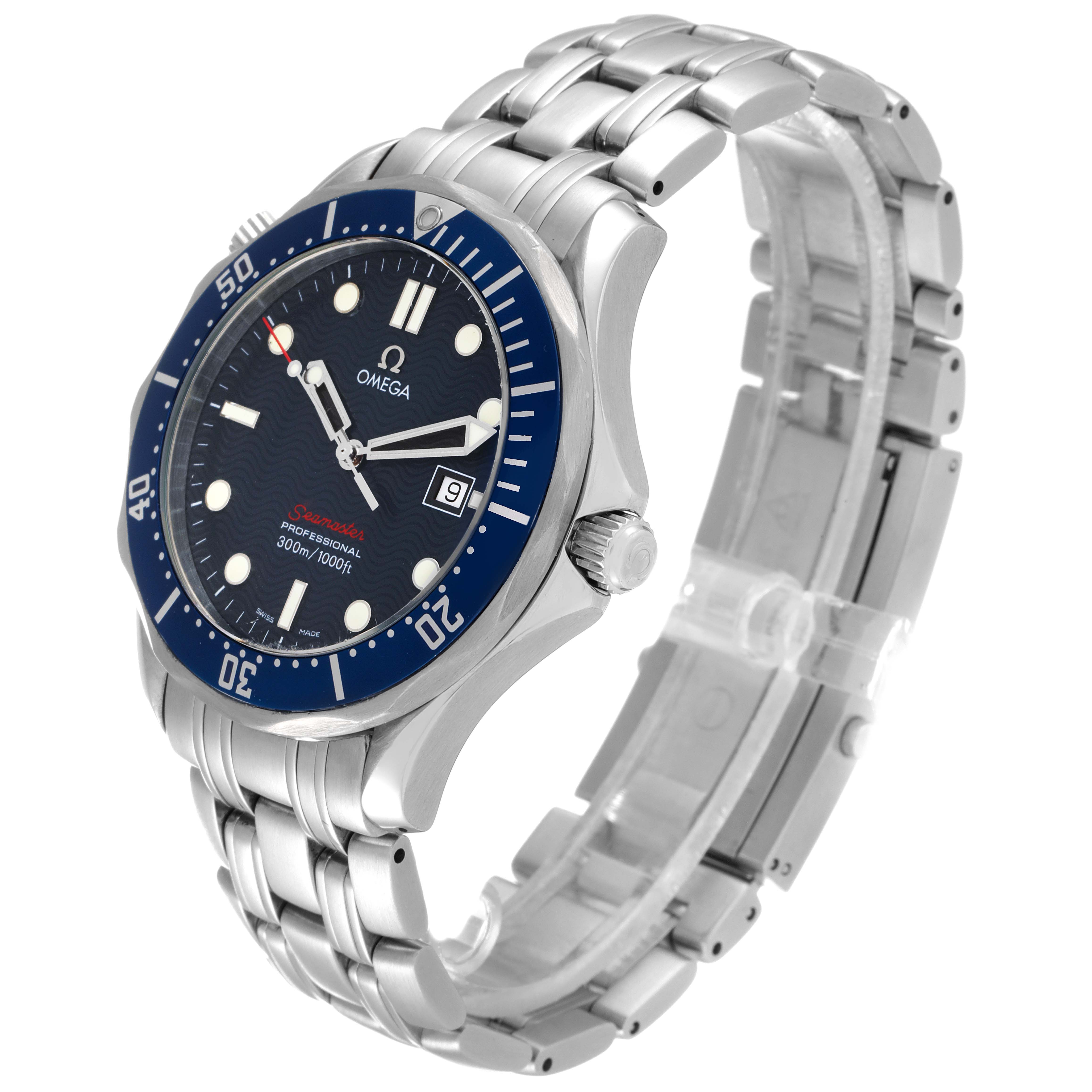 The image shows a side angle view of an Omega Seamaster 2221.80.00 Men's Stainless Steel Blue Dial 2221.80.00 Men's Stainless Steel Blue Dial watch, highlighting the bezel, dial, and metal bracelet.