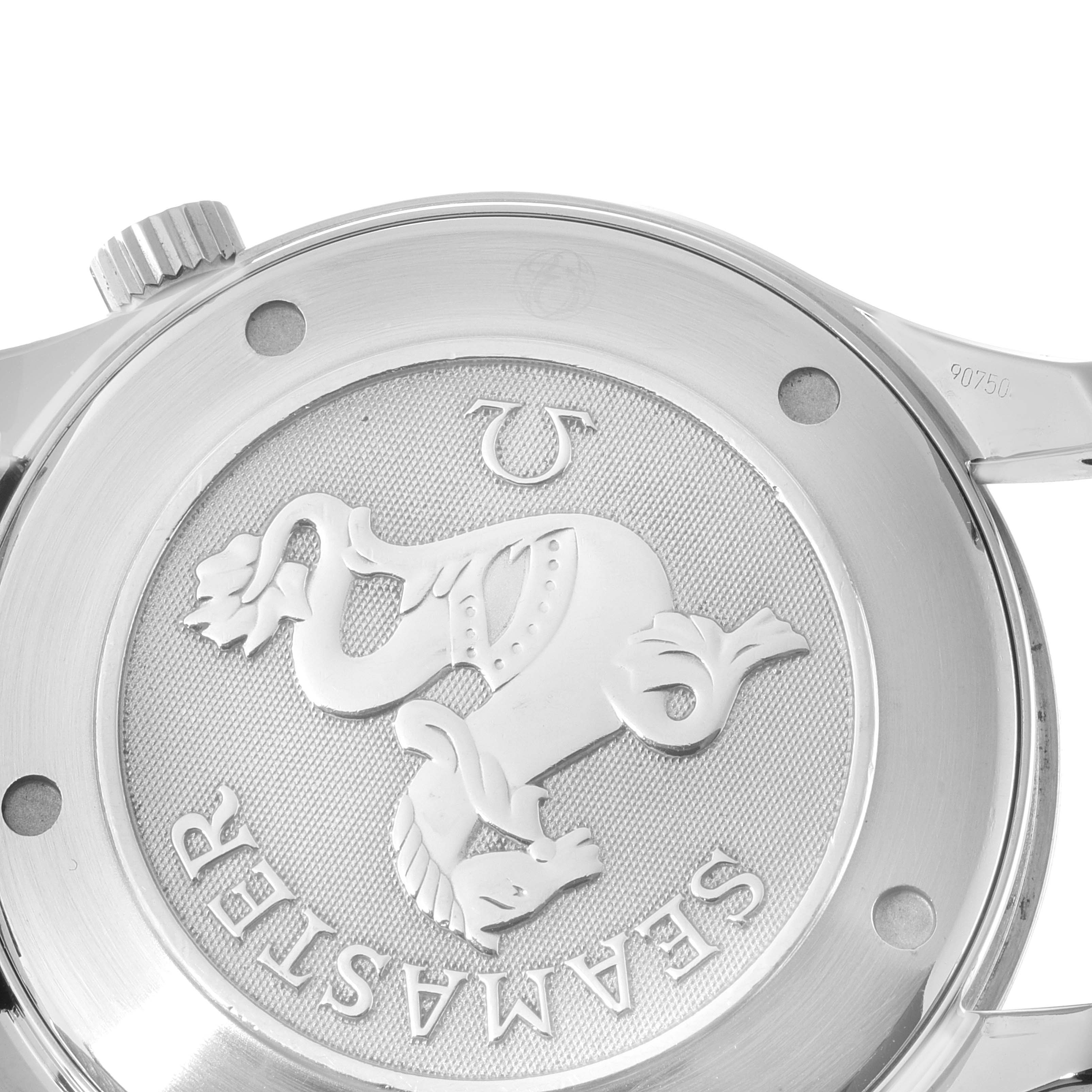 This image shows the back case of the Omega Seamaster 2221.80.00 Men's Stainless Steel Blue Dial 2221.80.00 Men's Stainless Steel Blue Dial watch, highlighting the embossed emblem and branding.