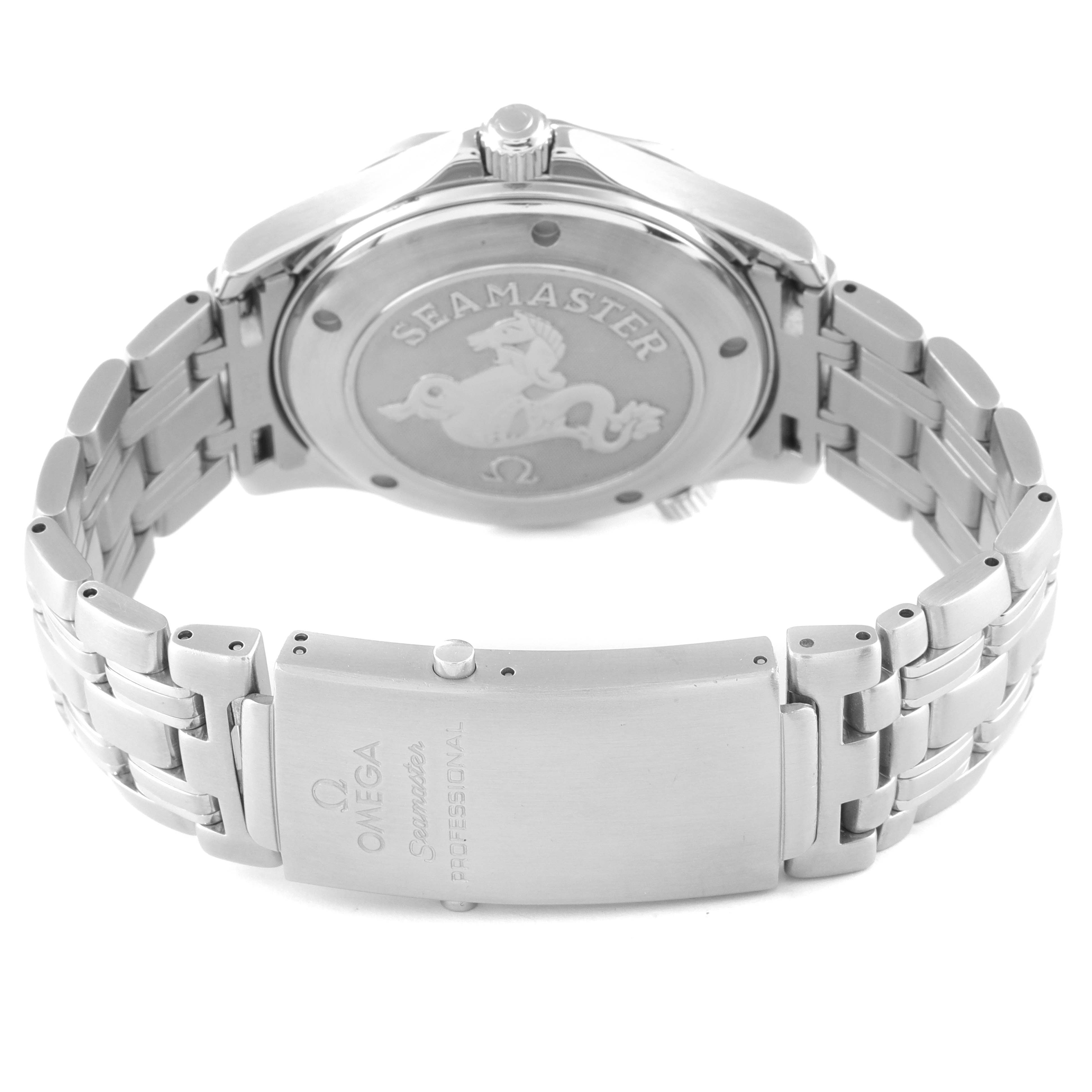 The image shows the back case and clasp of the Omega Seamaster 2221.80.00 Men's Stainless Steel Blue Dial 2221.80.00 Men's Stainless Steel Blue Dial watch, highlighting the branded engravings.