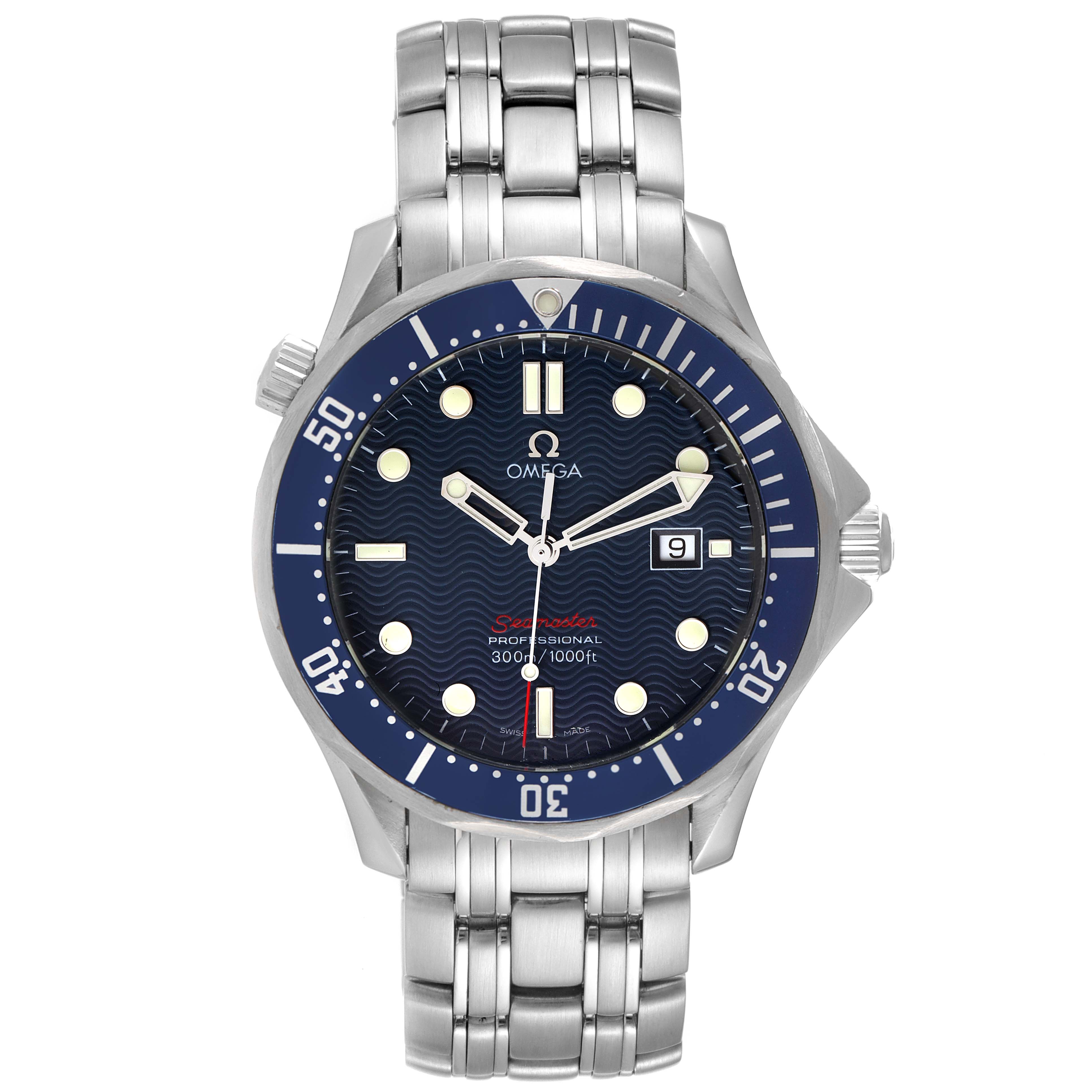 The image shows a frontal view of the Omega Seamaster 2221.80.00 Men's Stainless Steel Blue Dial 2221.80.00 Men's Stainless Steel Blue Dial watch, displaying its dial, bezel, and stainless steel bracelet.