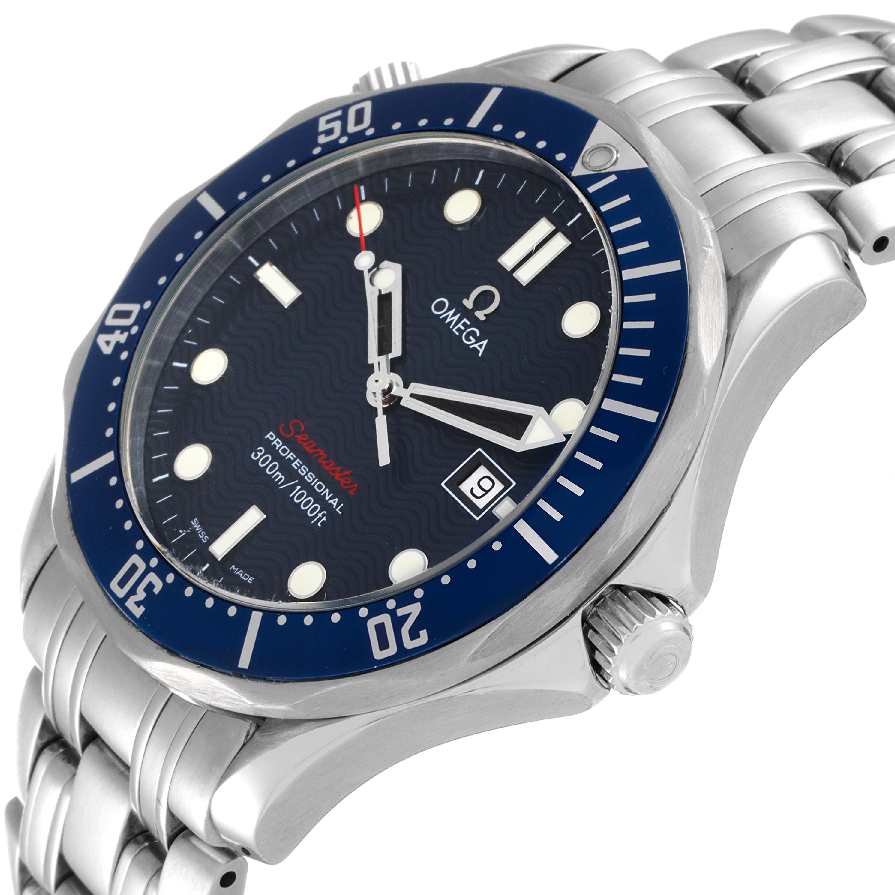 This image shows the Omega Seamaster 2221.80.00 Men's Stainless Steel Blue Dial 2221.80.00 Men's Stainless Steel Blue Dial watch at an angle, highlighting the dial, bezel, crown, and part of the bracelet.