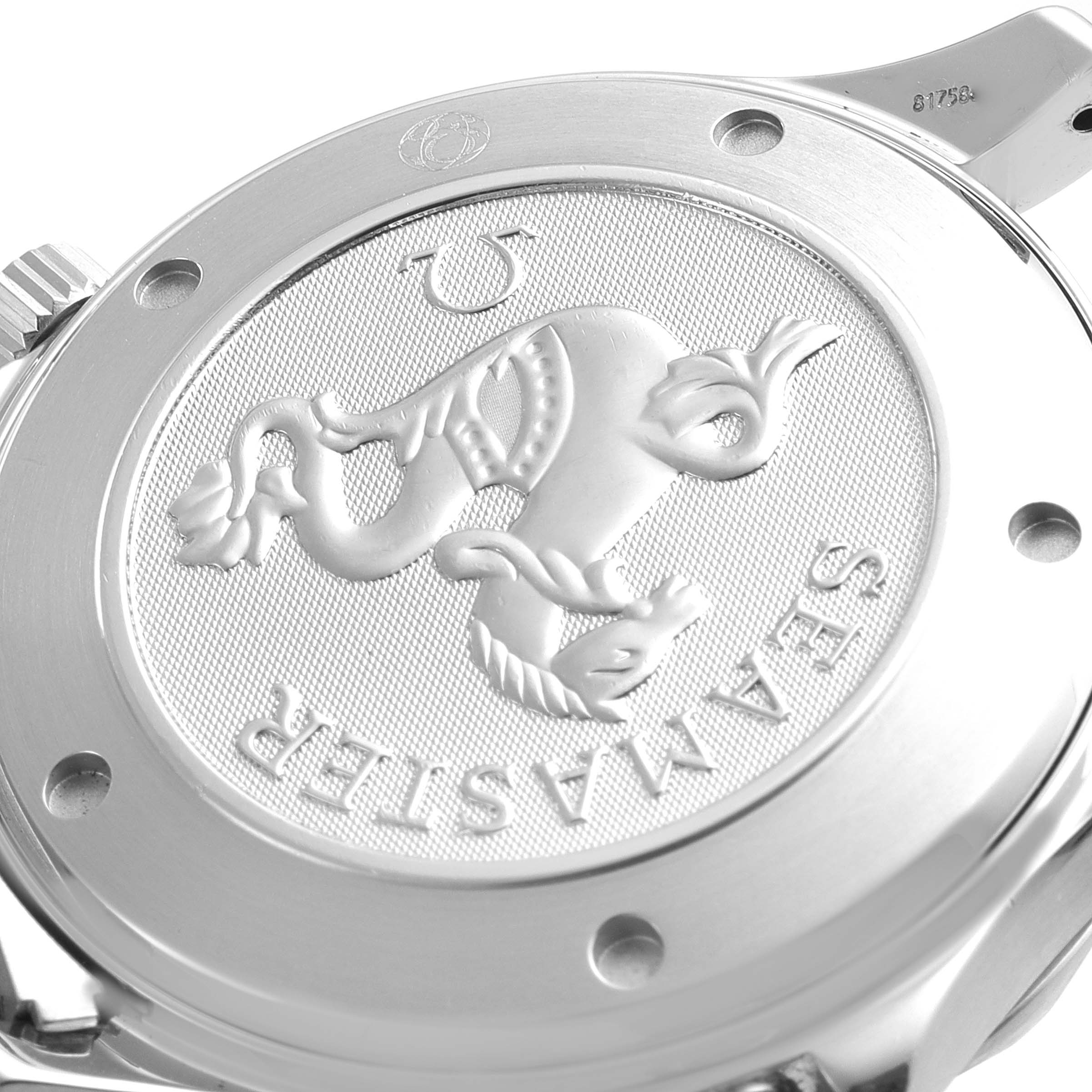 The image shows the back case of the Omega Seamaster 2220.80.00 Men's Stainless Steel Blue Dial 2220.80.00 Men's Stainless Steel Blue Dial watch, featuring an engraved design and branding.