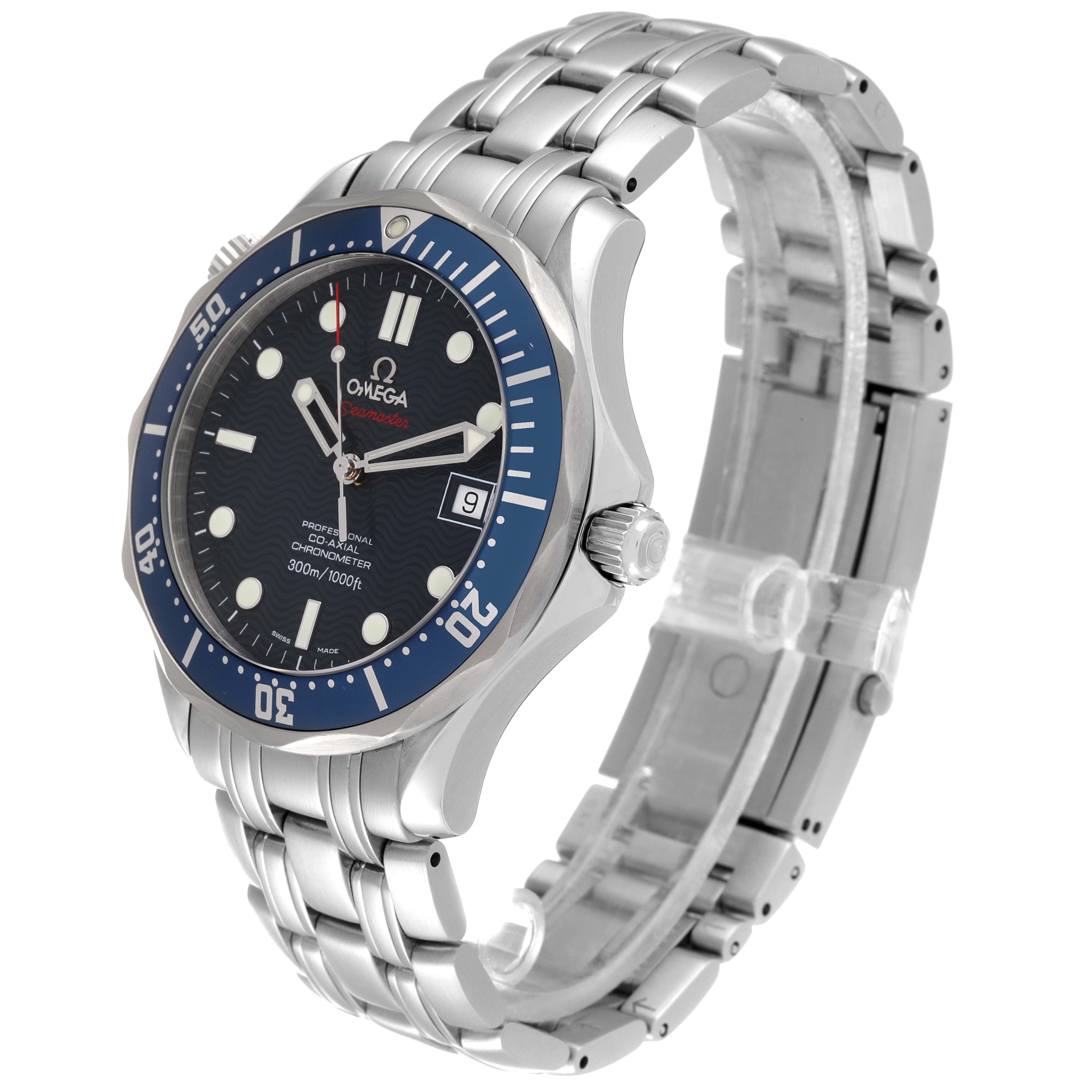 The image shows a side view angle of the Omega Seamaster 2220.80.00 Men's Stainless Steel Blue Dial 2220.80.00 Men's Stainless Steel Blue Dial watch, highlighting its dial, bezel, crown, and bracelet.