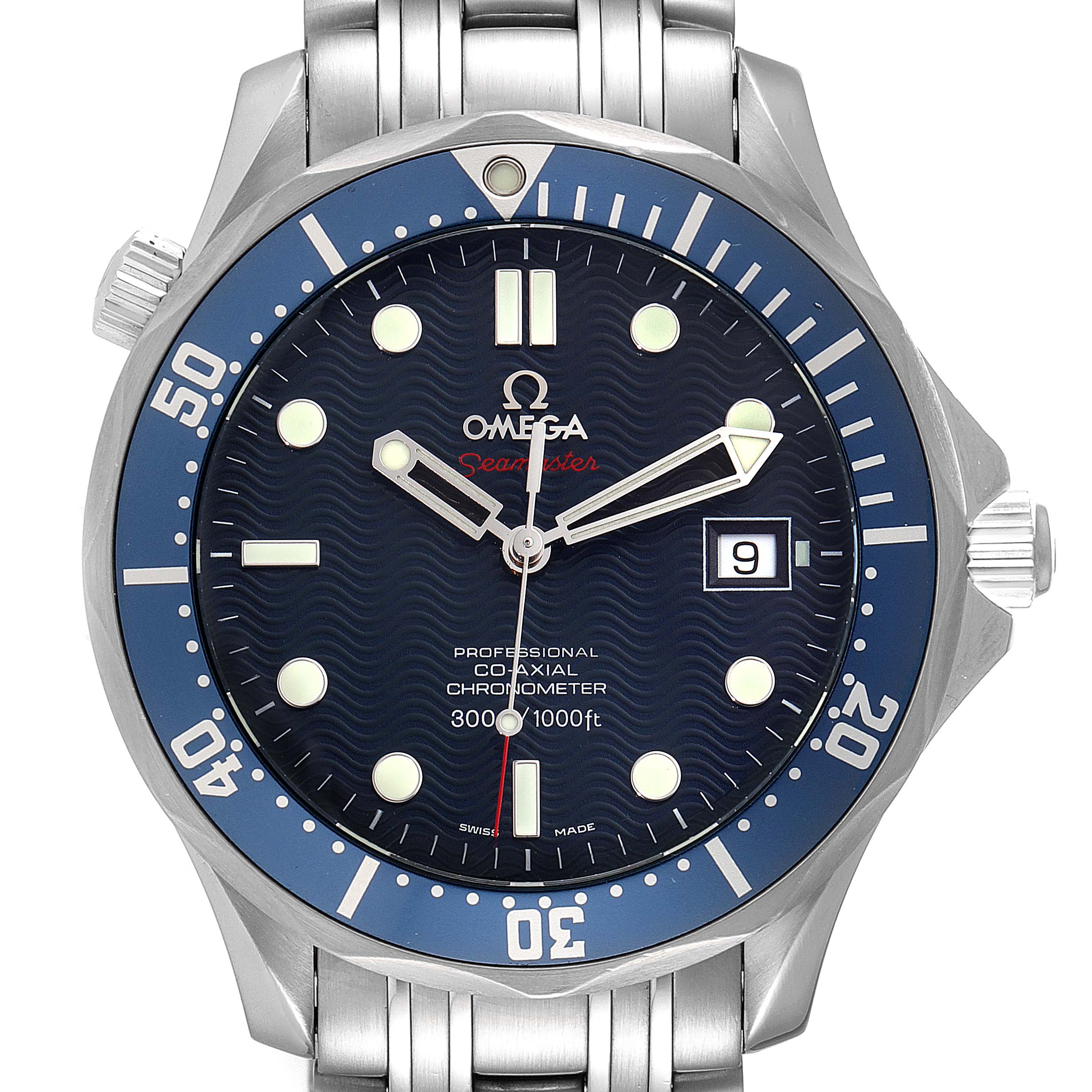 The image shows a full front view of the Omega Seamaster 2220.80.00 Men's Stainless Steel Blue Dial 2220.80.00 Men's Stainless Steel Blue Dial watch, highlighting the dial, bezel, crown, and part of the metal bracelet.