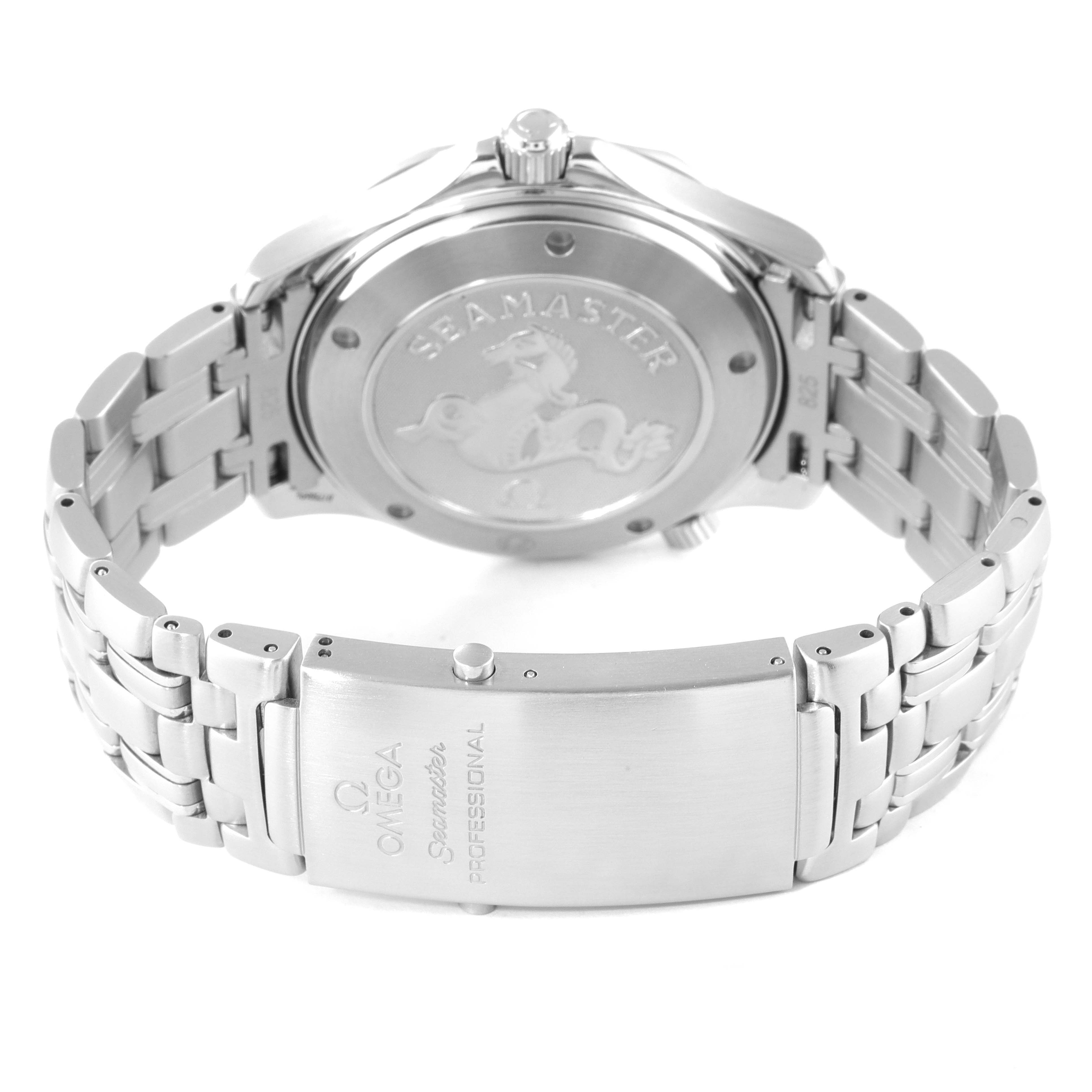 This image shows the Omega Seamaster 2220.80.00 Men's Stainless Steel Blue Dial 2220.80.00 Men's Stainless Steel Blue Dial model from the back, focusing on the case back and the metal bracelet with the clasp.