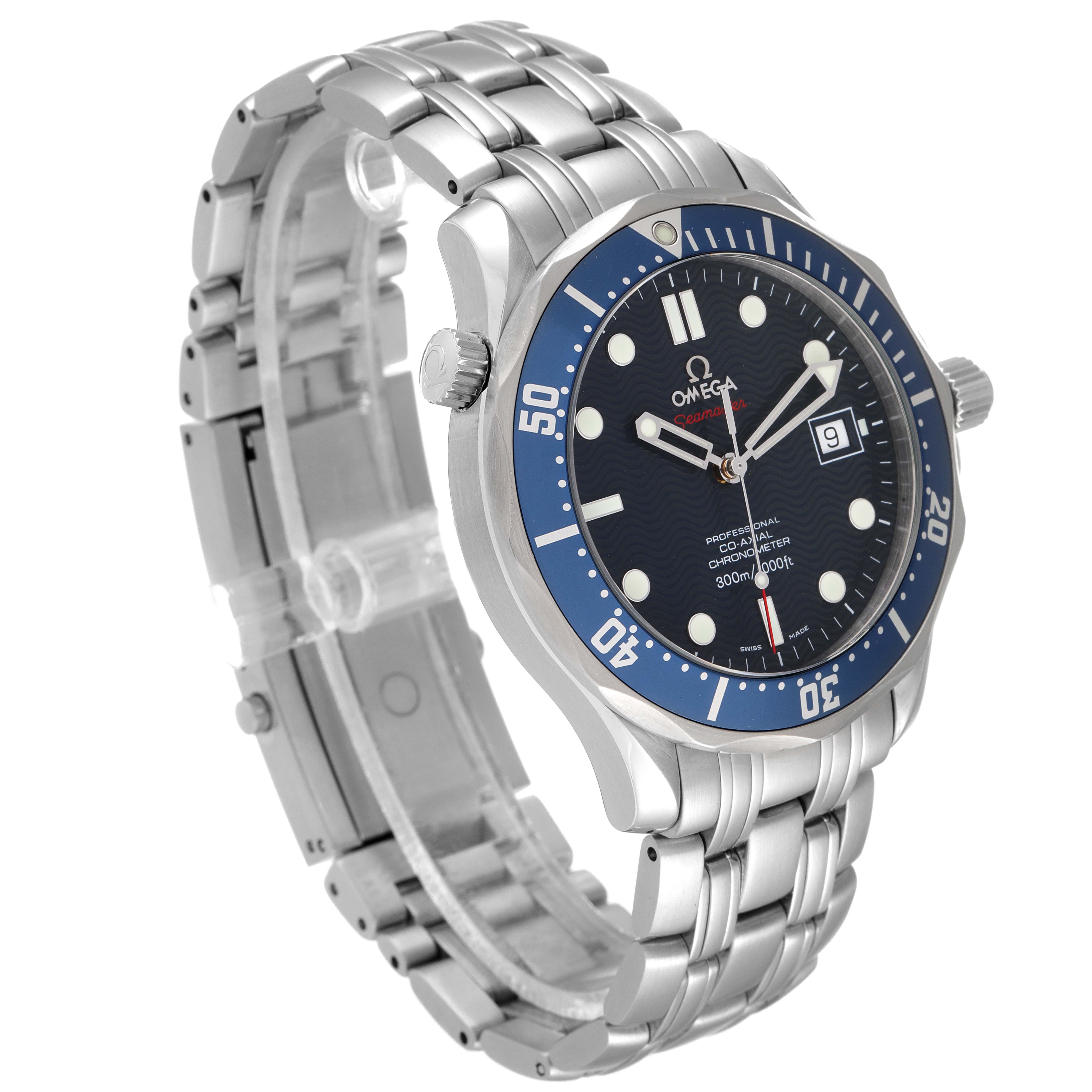 The image shows an angled view of the Omega Seamaster 2220.80.00 Men's Stainless Steel Blue Dial 2220.80.00 Men's Stainless Steel Blue Dial watch displaying its face, bezel, and bracelet.