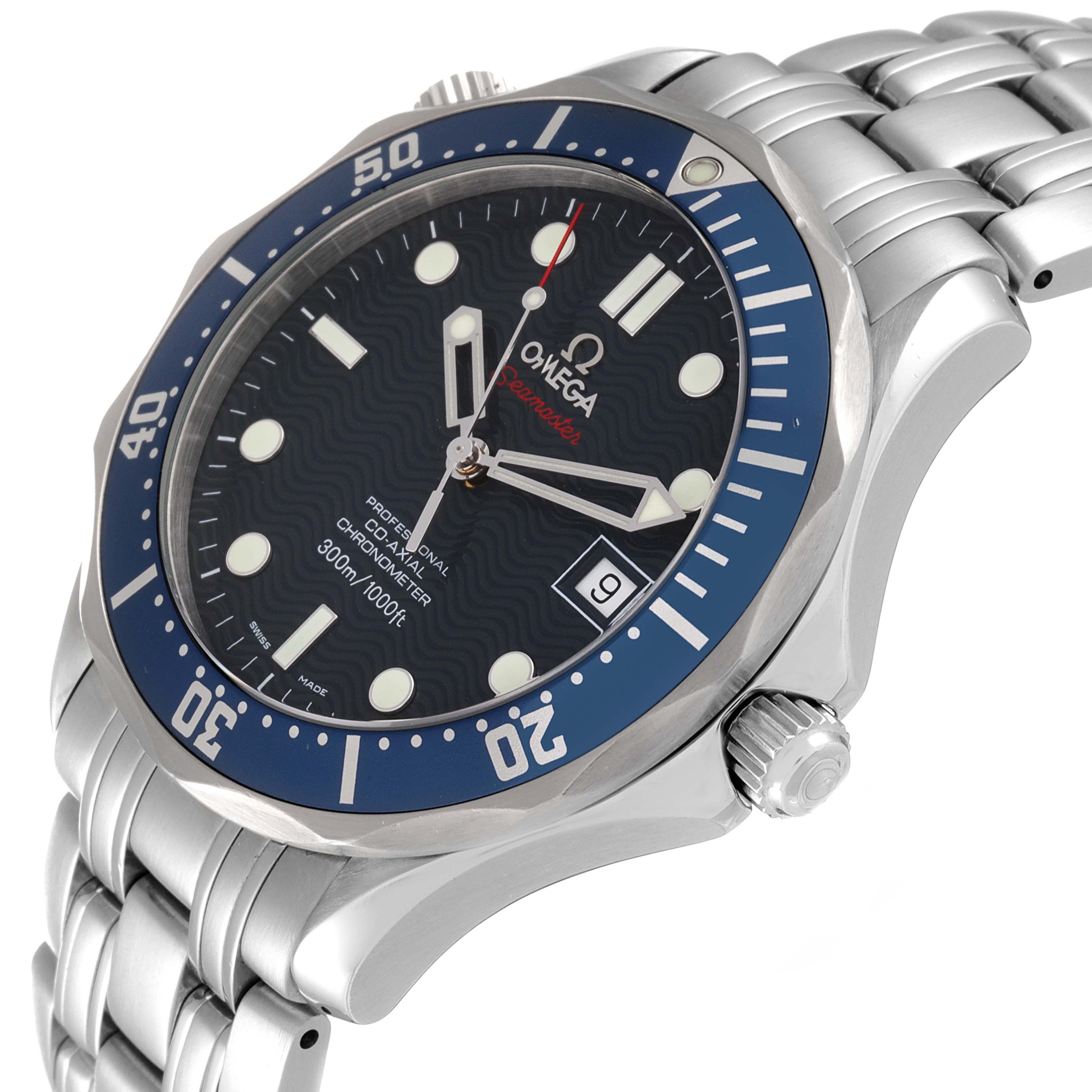 This Omega Seamaster 2220.80.00 Men's Stainless Steel Blue Dial 2220.80.00 Men's Stainless Steel Blue Dial watch is shown from an angled side view, highlighting its dial, bezel, and stainless steel bracelet.
