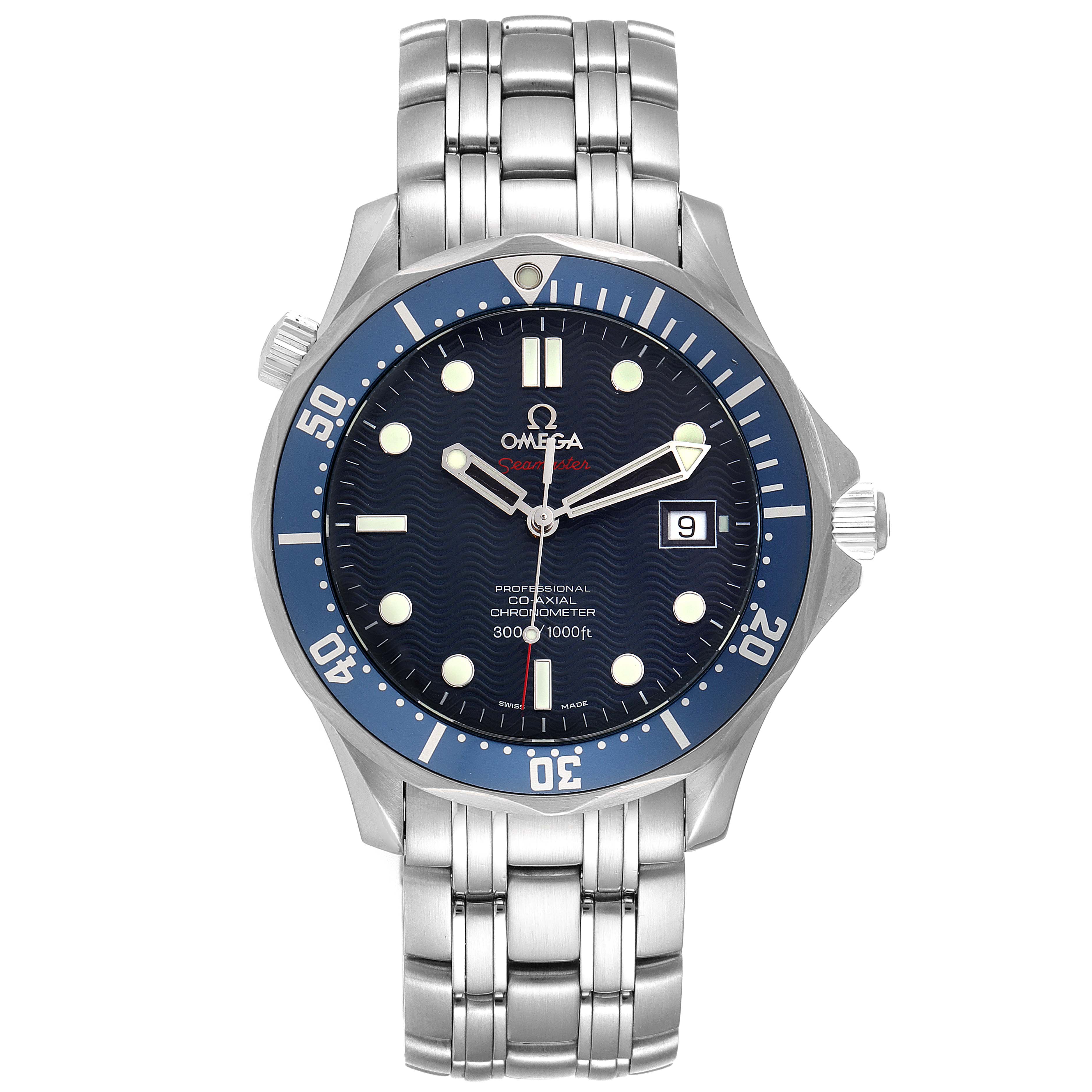 The image shows a front view of the Omega Seamaster 2220.80.00 Men's Stainless Steel Blue Dial 2220.80.00 Men's Stainless Steel Blue Dial watch, highlighting its face, bezel, and stainless steel bracelet.