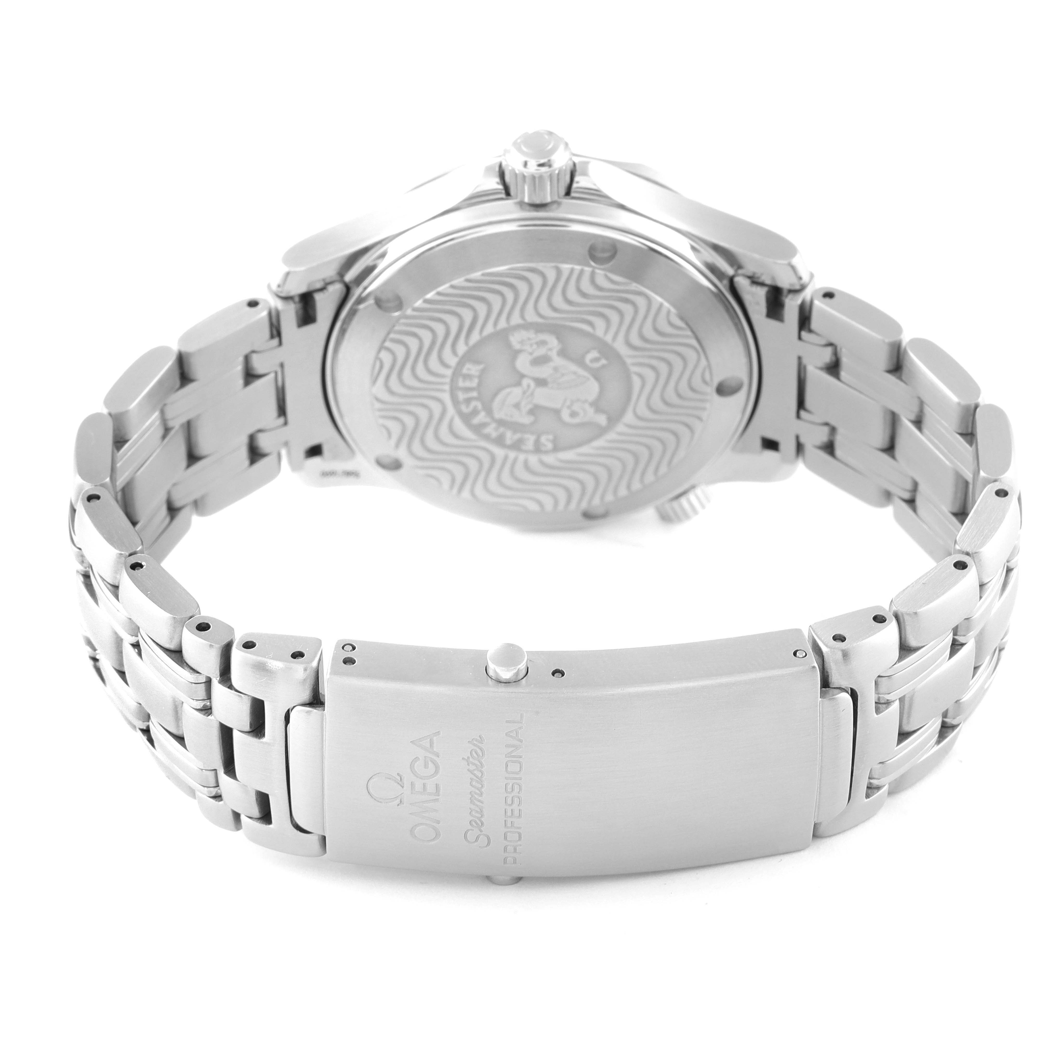 The image shows the back case and stainless steel bracelet of the Omega Seamaster 2561.80.00 Men's Stainless Steel Blue Dial 2561.80.00 Men's Stainless Steel Blue Dial watch.