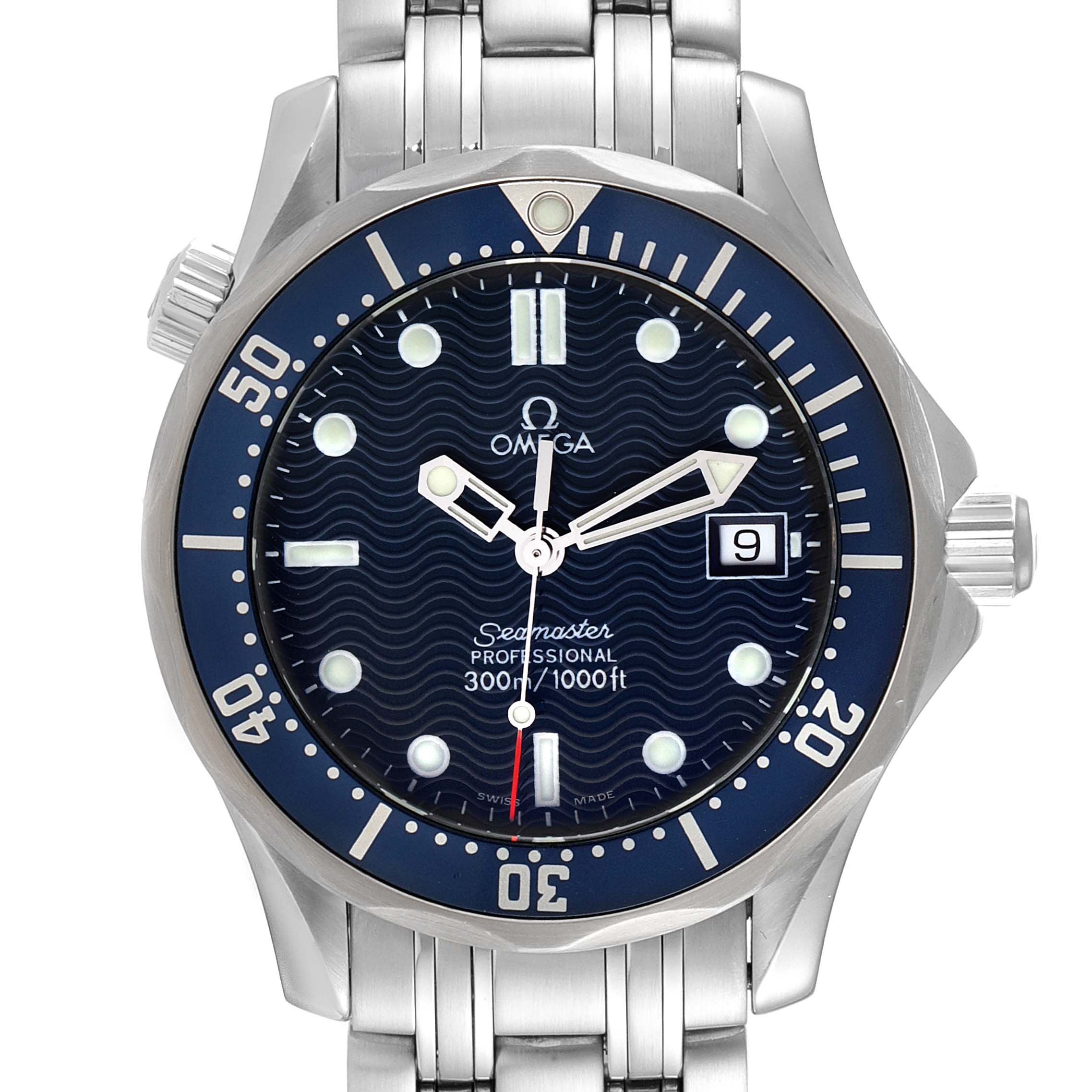 The image shows a front view of an Omega Seamaster 2561.80.00 Men's Stainless Steel Blue Dial 2561.80.00 Men's Stainless Steel Blue Dial watch, highlighting the dial, bezel, crown, and bracelet.
