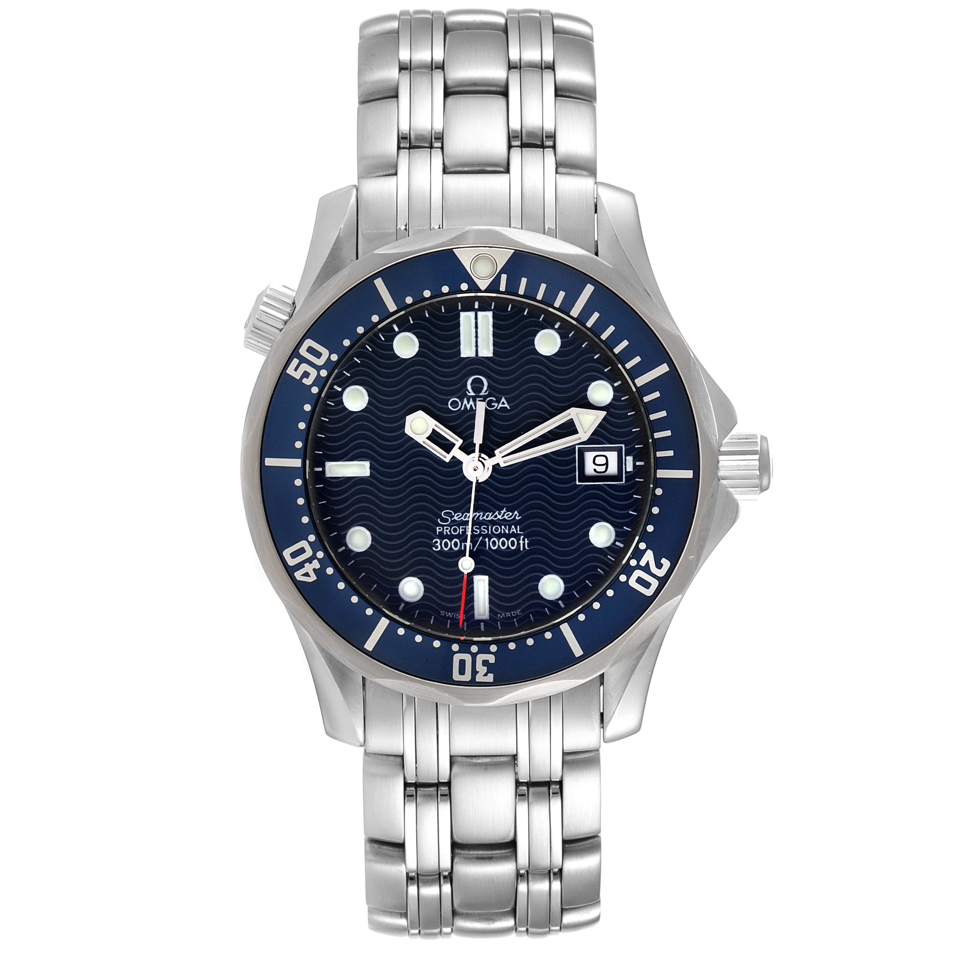 The image shows a front view of an Omega Seamaster 2561.80.00 Men's Stainless Steel Blue Dial 2561.80.00 Men's Stainless Steel Blue Dial watch, displaying the face, bezel, bracelet, and date window.