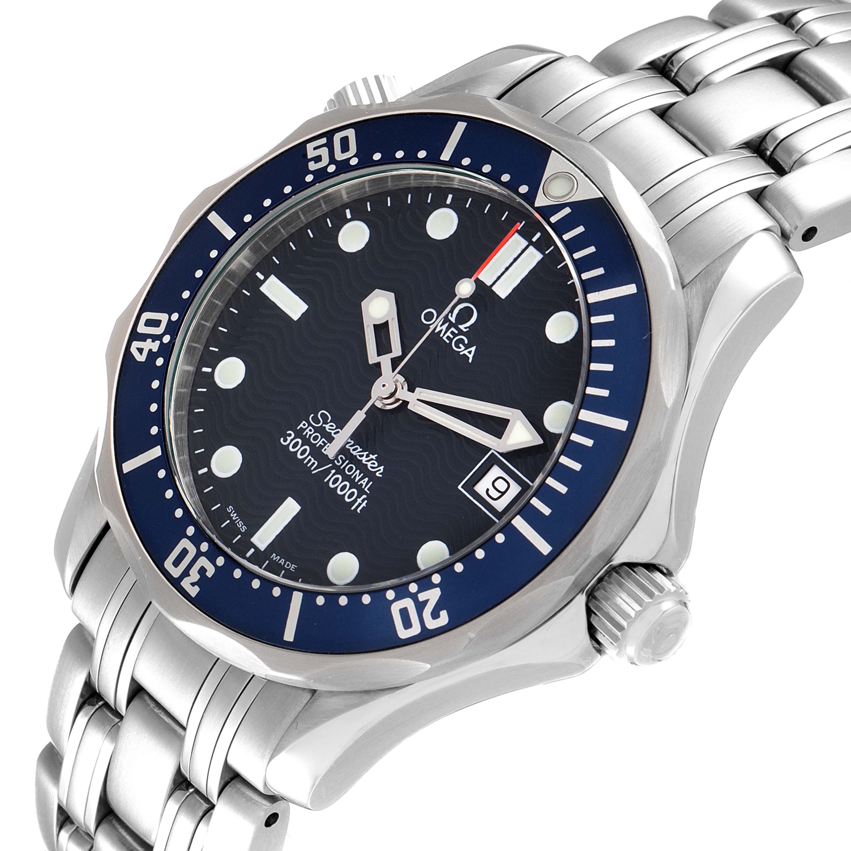 The image shows an angled view of an Omega Seamaster 2561.80.00 Men's Stainless Steel Blue Dial 2561.80.00 Men's Stainless Steel Blue Dial wristwatch, focusing on the face, bezel, and part of the bracelet.