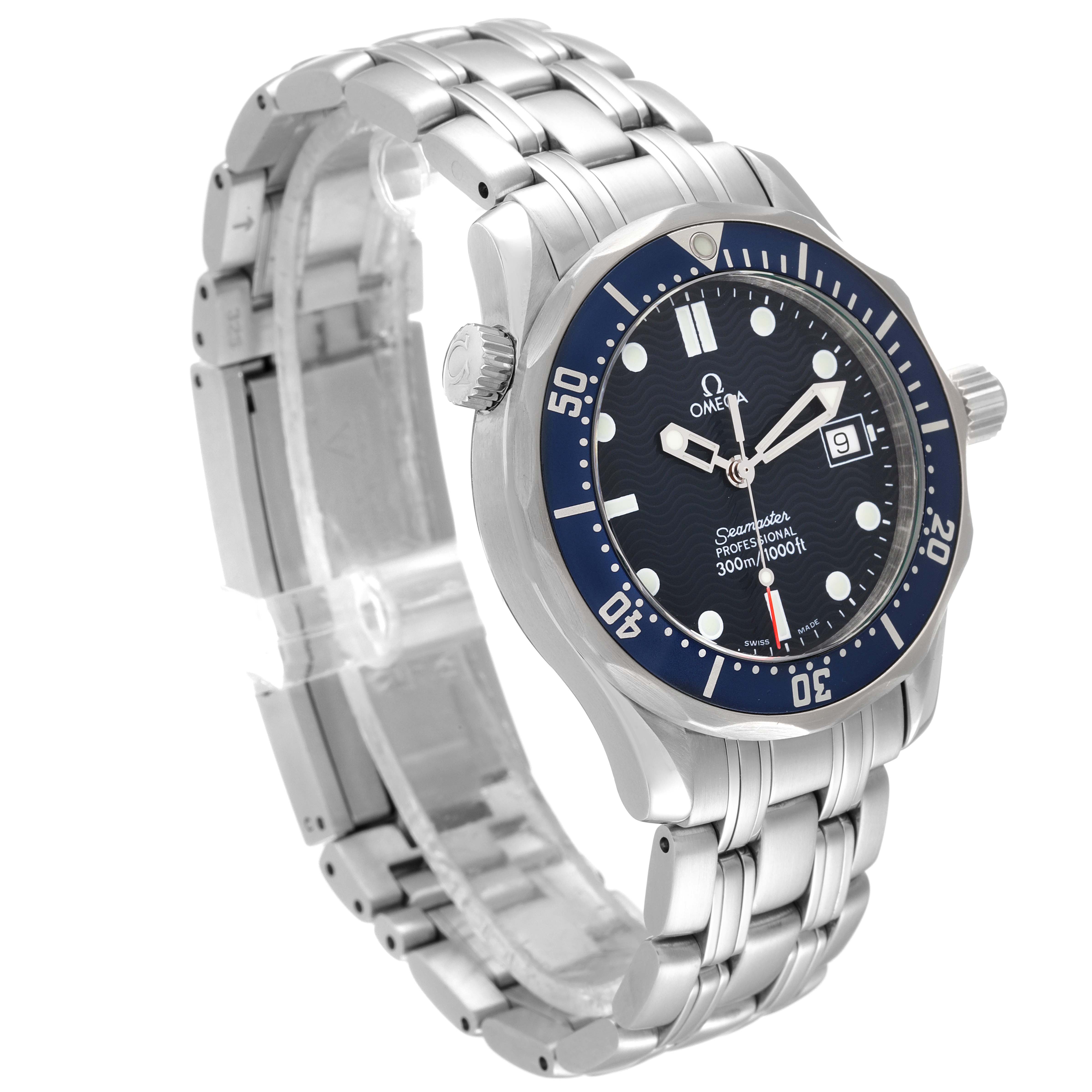 The image shows a side angle view of an Omega Seamaster 2561.80.00 Men's Stainless Steel Blue Dial 2561.80.00 Men's Stainless Steel Blue Dial watch, highlighting the face, bezel, crown, and stainless steel bracelet.