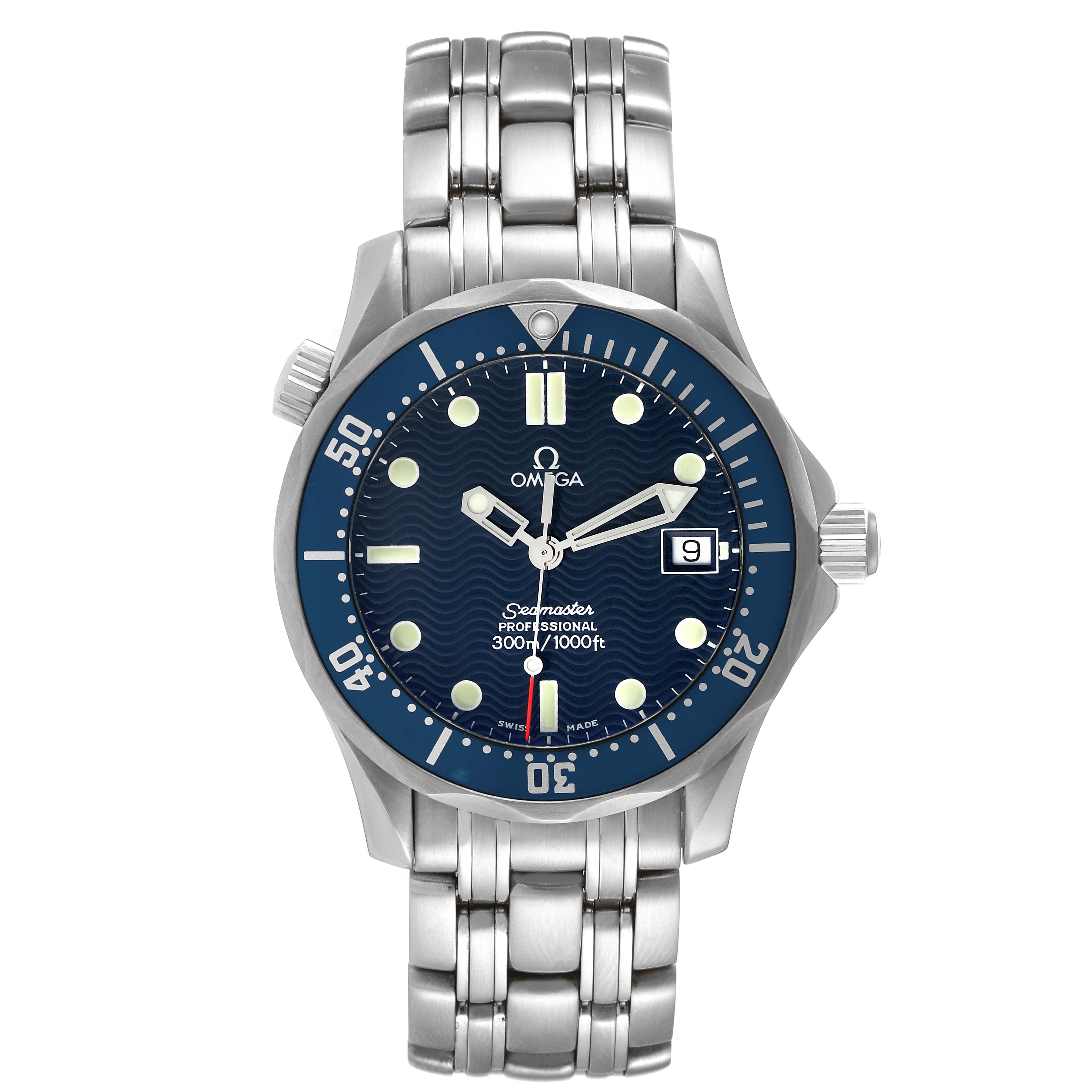 The Omega Seamaster 2561.80.00 Men's Stainless Steel Blue Dial 2561.80.00 Men's Stainless Steel Blue Dial watch is shown from a front angle, highlighting the face, bezel, and metal bracelet.