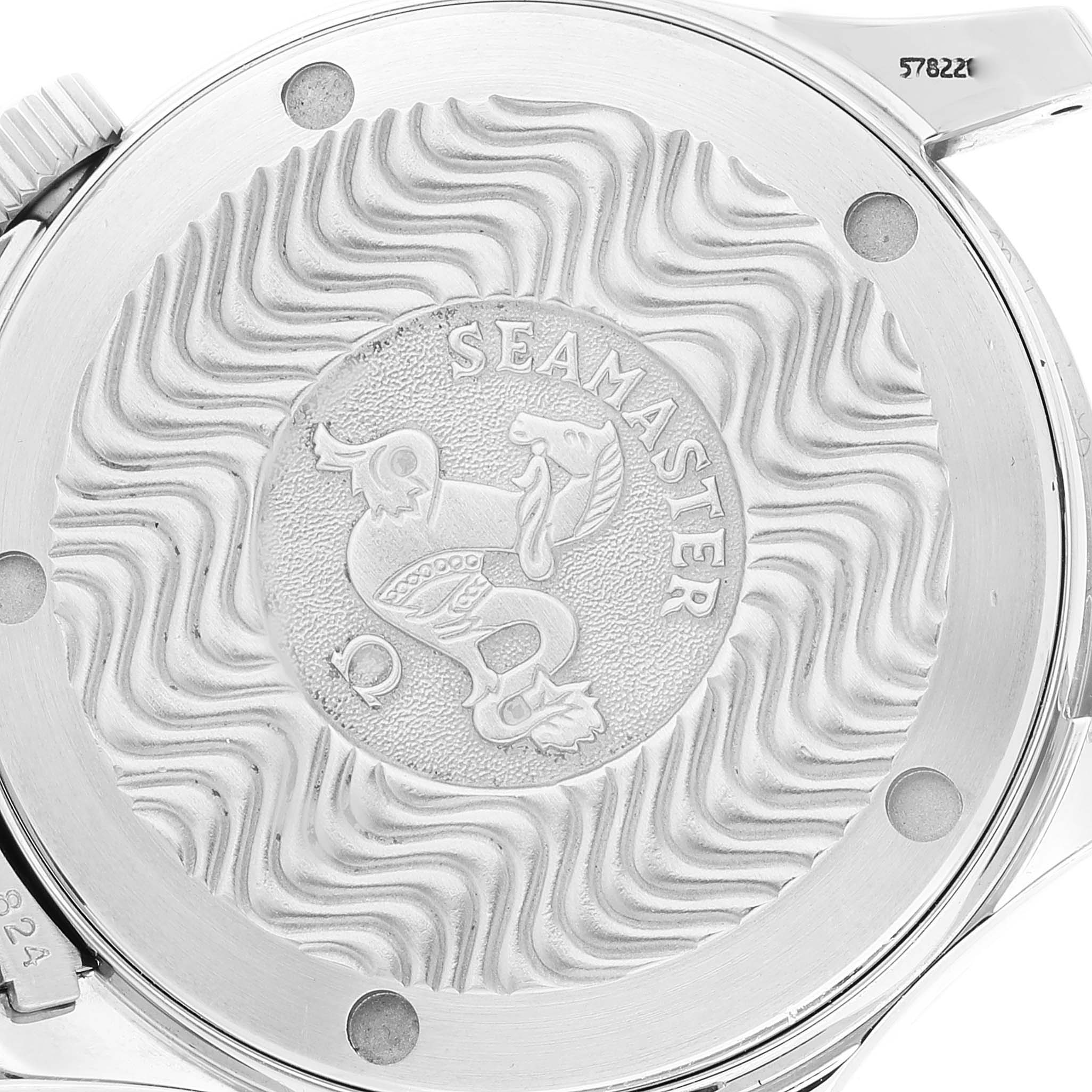 The image shows the engraved case back of an Omega Seamaster 2561.80.00 Men's Stainless Steel Blue Dial 2561.80.00 Men's Stainless Steel Blue Dial watch viewed from the rear.