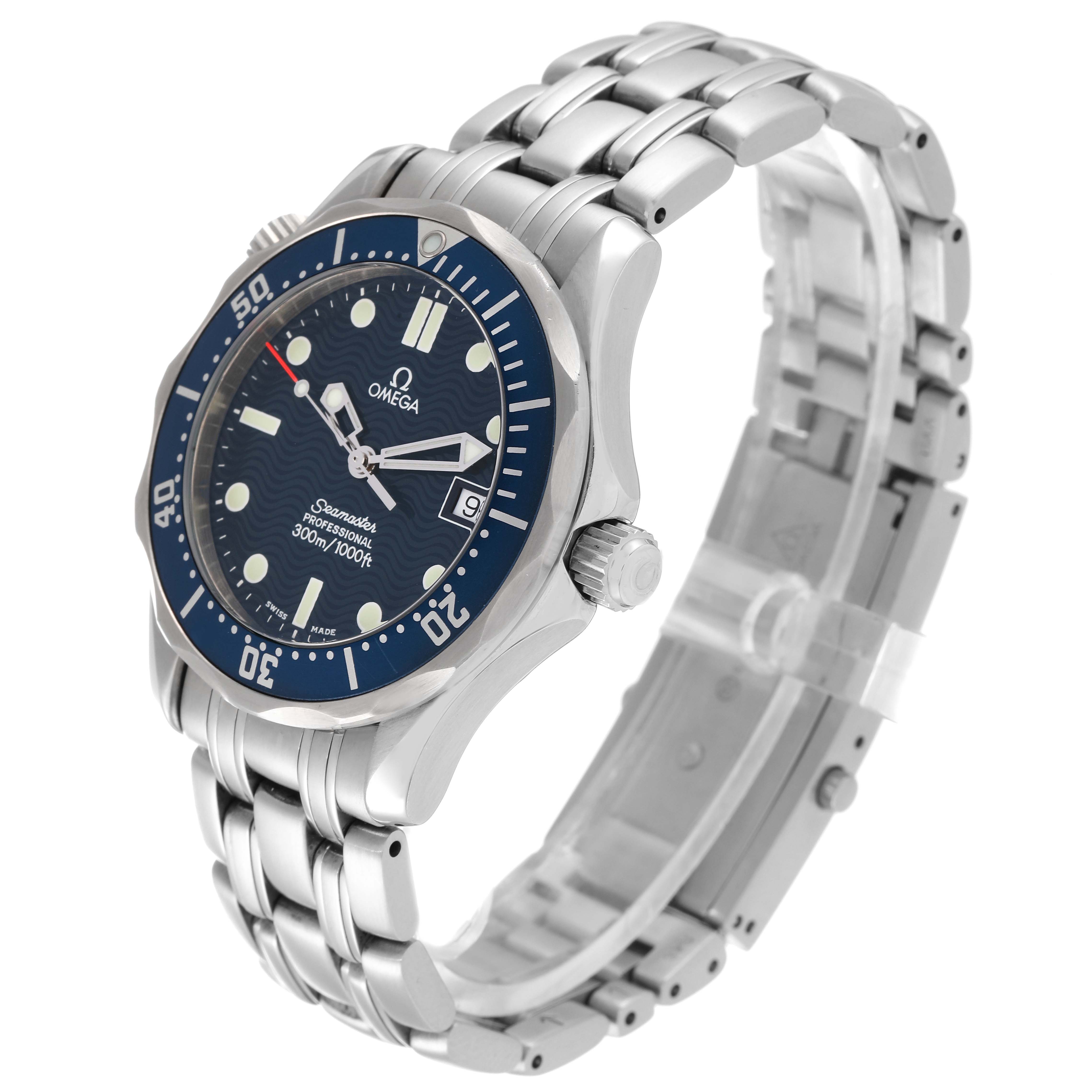 The image shows an angled view of the Omega Seamaster 2561.80.00 Men's Stainless Steel Blue Dial 2561.80.00 Men's Stainless Steel Blue Dial watch, highlighting its face, case, and metal bracelet.