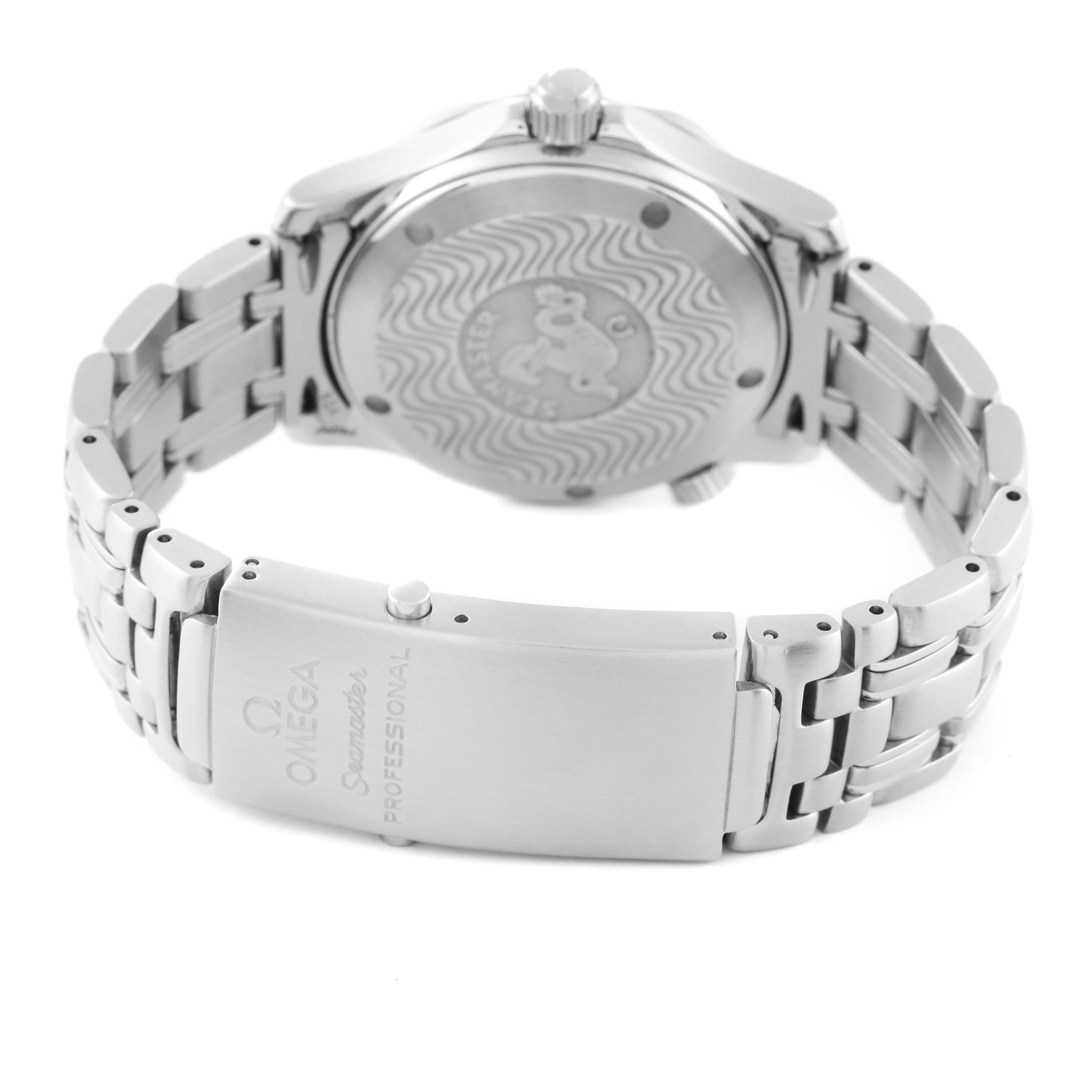 The image shows the back view of the Omega Seamaster 2561.80.00 Men's Stainless Steel Blue Dial 2561.80.00 Men's Stainless Steel Blue Dial watch, highlighting the case back and the metal bracelet with the clasp.