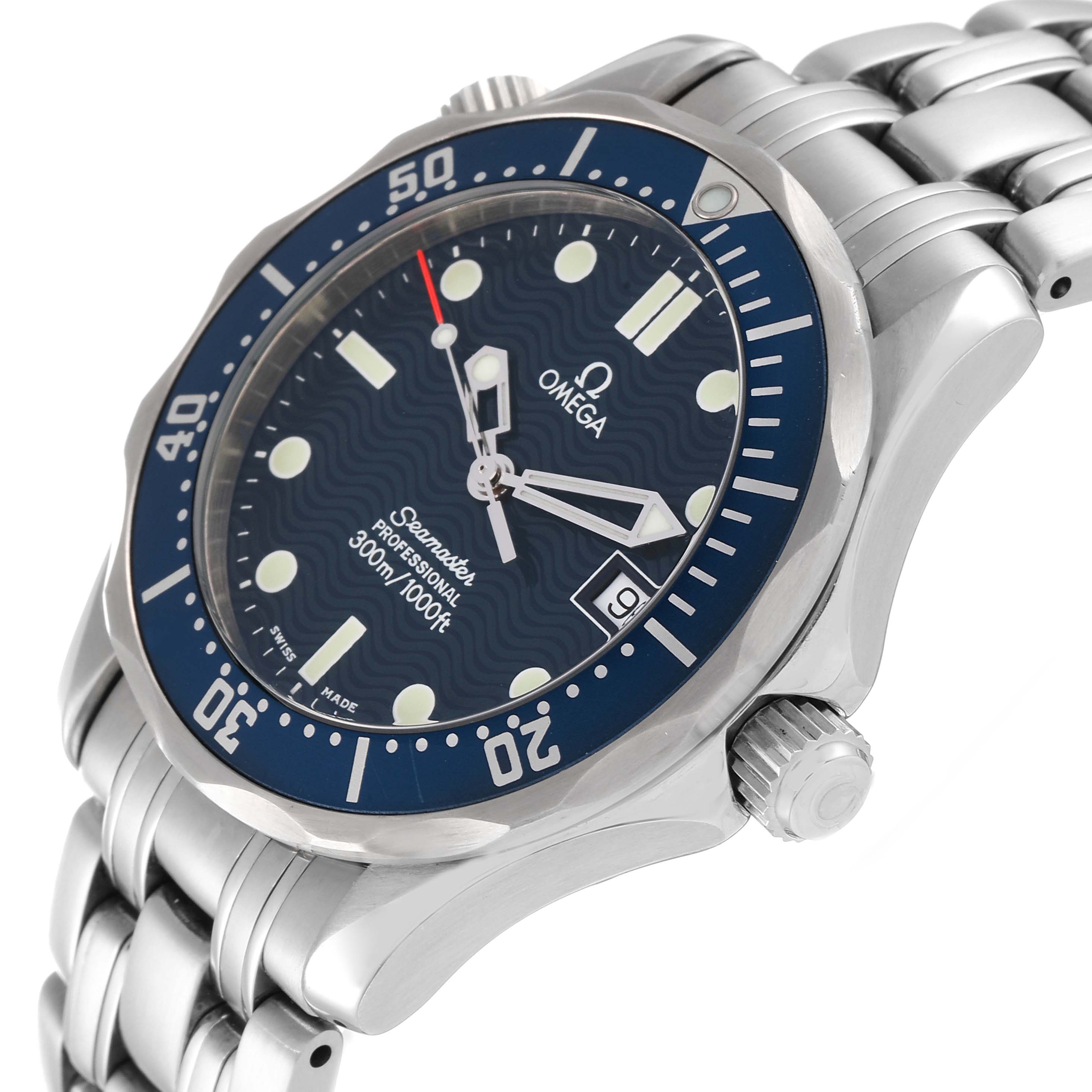 The image shows an Omega Seamaster 2561.80.00 Men's Stainless Steel Blue Dial 2561.80.00 Men's Stainless Steel Blue Dial watch at an angled close-up, highlighting the bezel, dial, crown, and part of the bracelet.