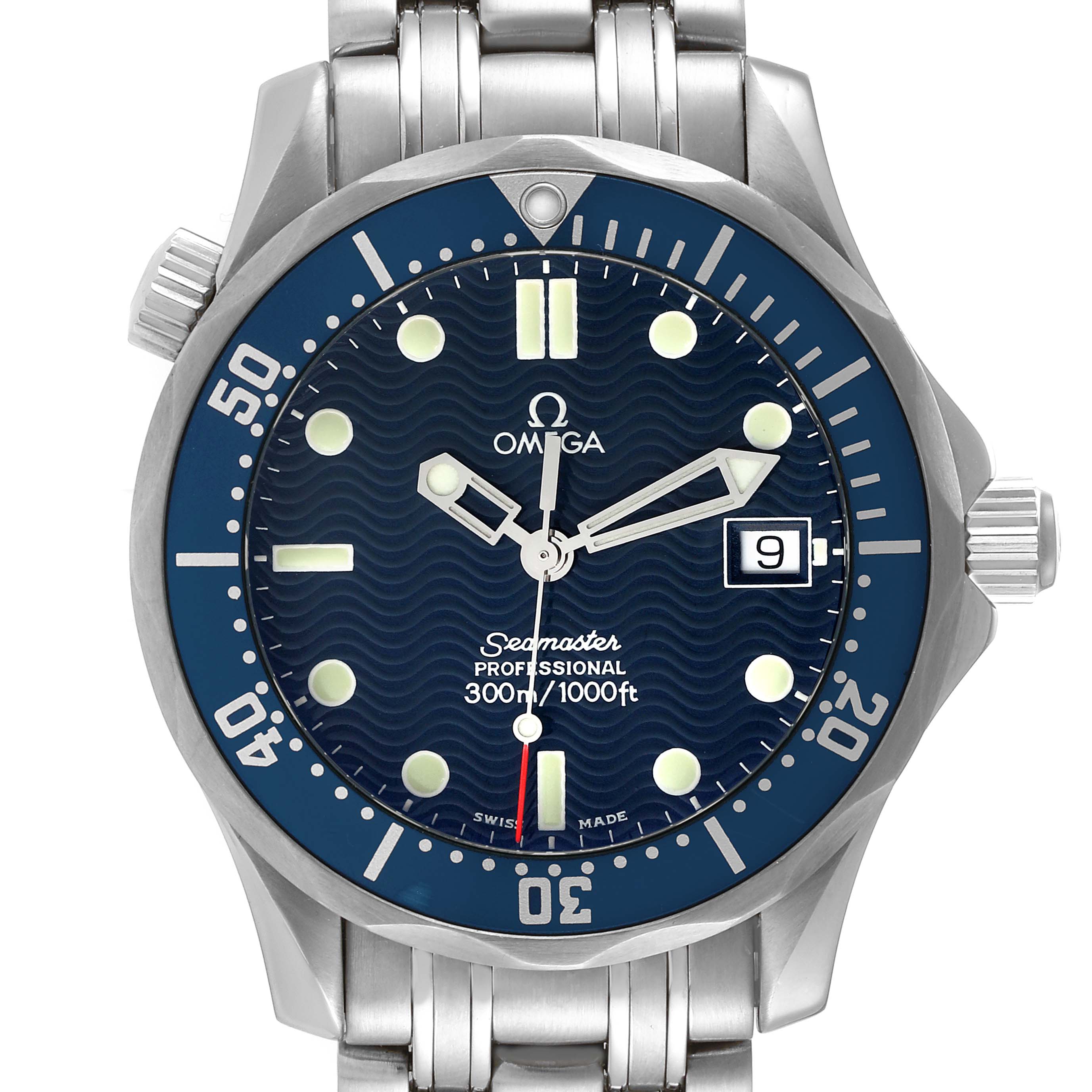 This image shows a front view of an Omega Seamaster 2561.80.00 Men's Stainless Steel Blue Dial 2561.80.00 Men's Stainless Steel Blue Dial watch, highlighting its blue dial, bezel, and metal bracelet.