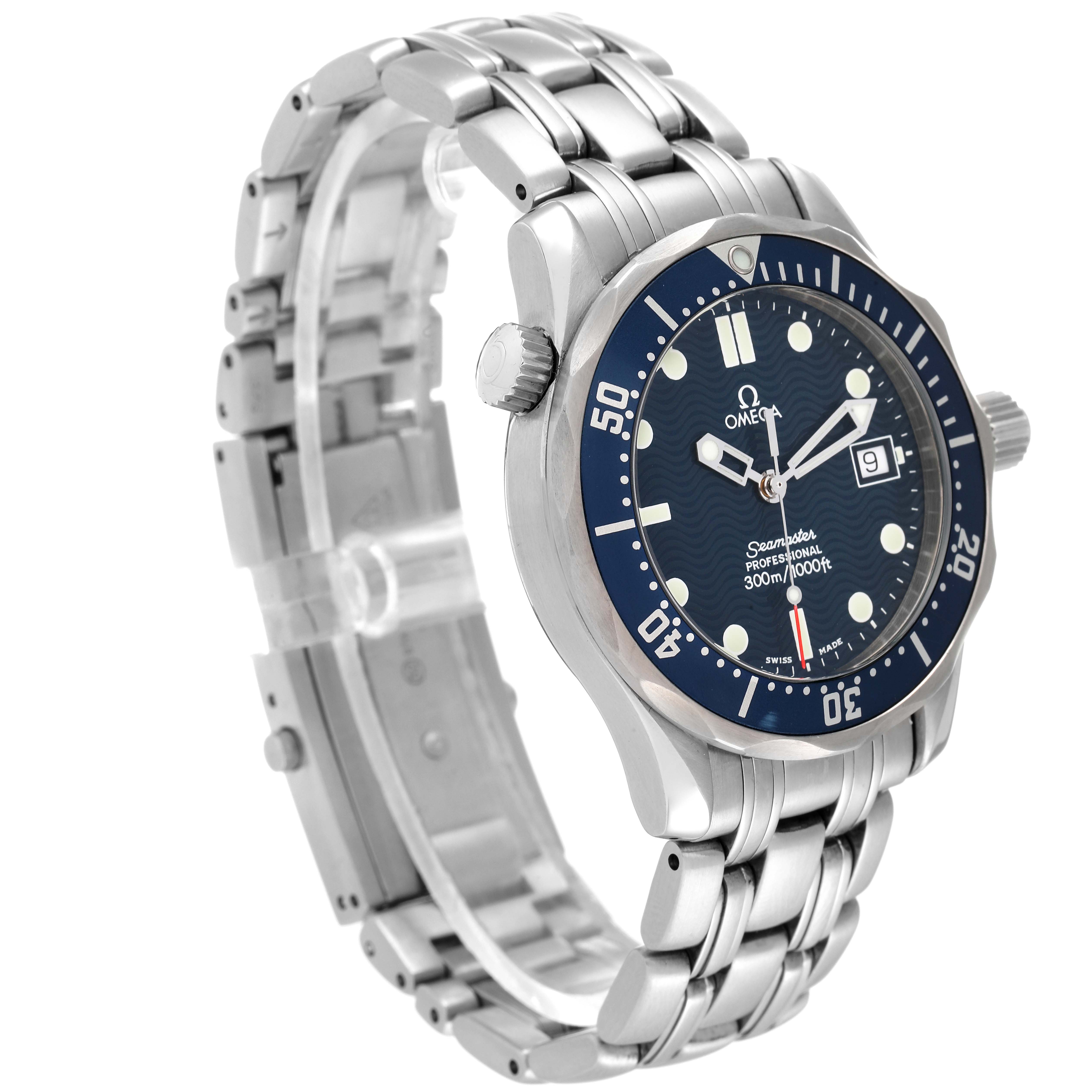 The image shows an Omega Seamaster 2561.80.00 Men's Stainless Steel Blue Dial 2561.80.00 Men's Stainless Steel Blue Dial watch from a 3/4 angle, highlighting the face, bezel, crown, and metal bracelet.
