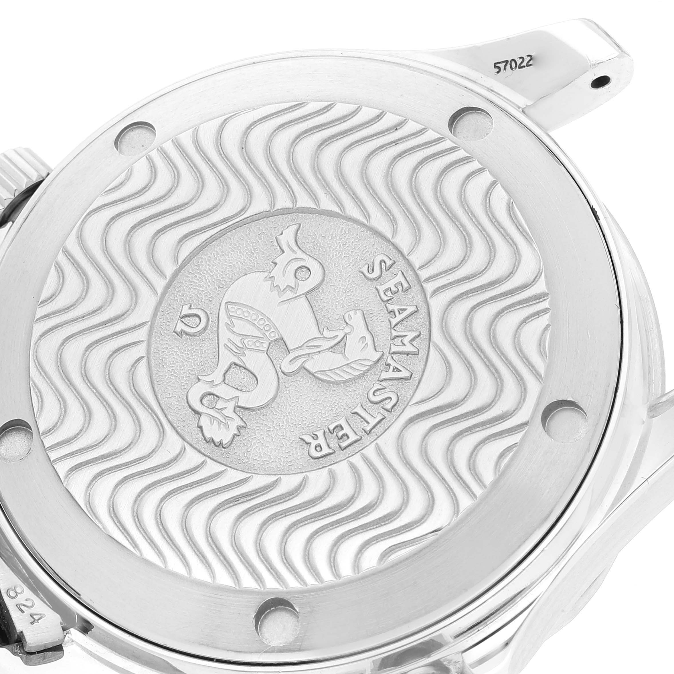 The image shows the embossed case back of an Omega Seamaster 2561.80.00 Men's Stainless Steel Blue Dial 2561.80.00 Men's Stainless Steel Blue Dial watch, viewed from the back angle.