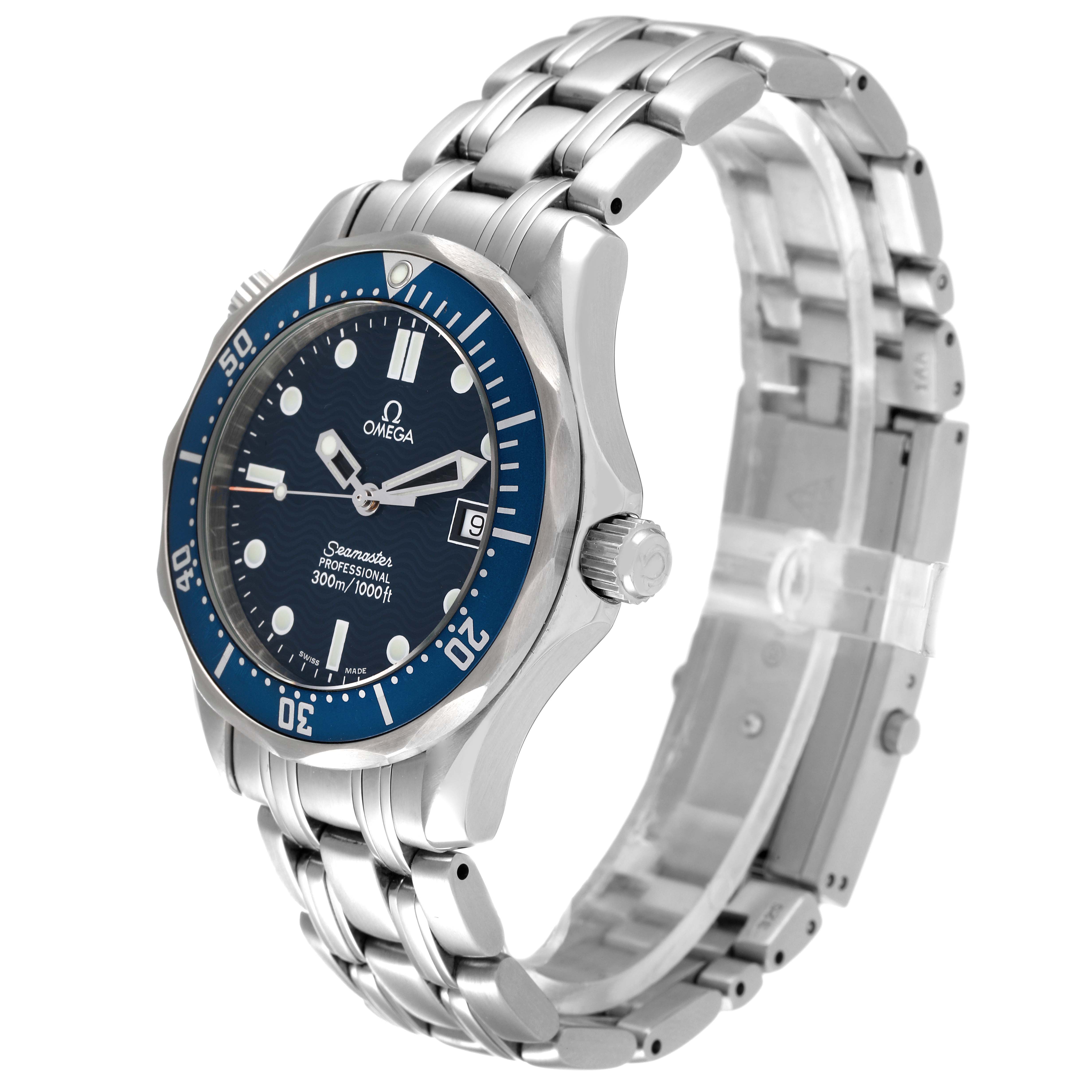 The Omega Seamaster 2561.80.00 Men's Stainless Steel Blue Dial 2561.80.00 Men's Stainless Steel Blue Dial watch shown is angled to display the dial, bezel, crown, and silver metal bracelet.
