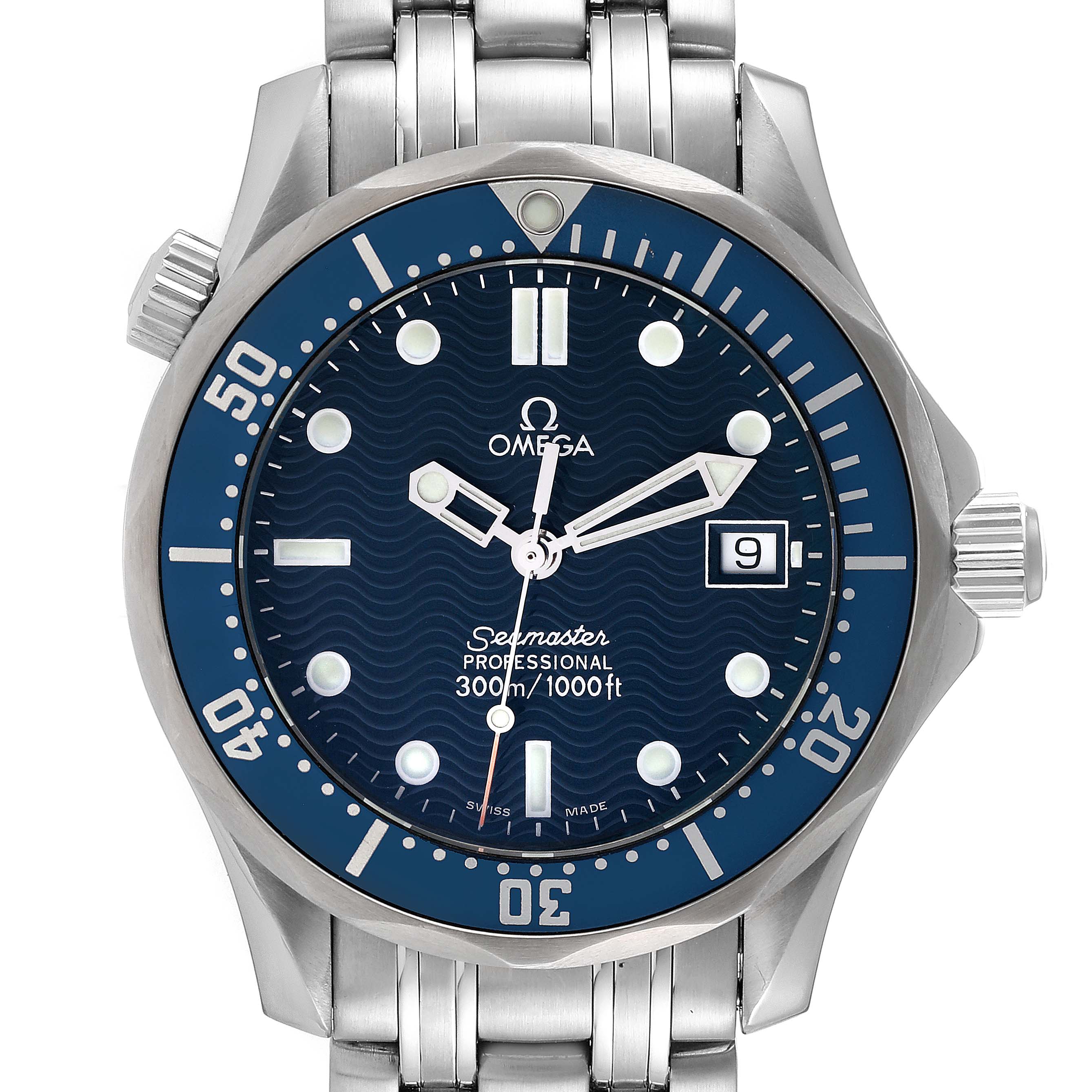 The image shows a front view of an Omega Seamaster 2561.80.00 Men's Stainless Steel Blue Dial 2561.80.00 Men's Stainless Steel Blue Dial watch, highlighting the face, bezel, crown, and the top of the bracelet.