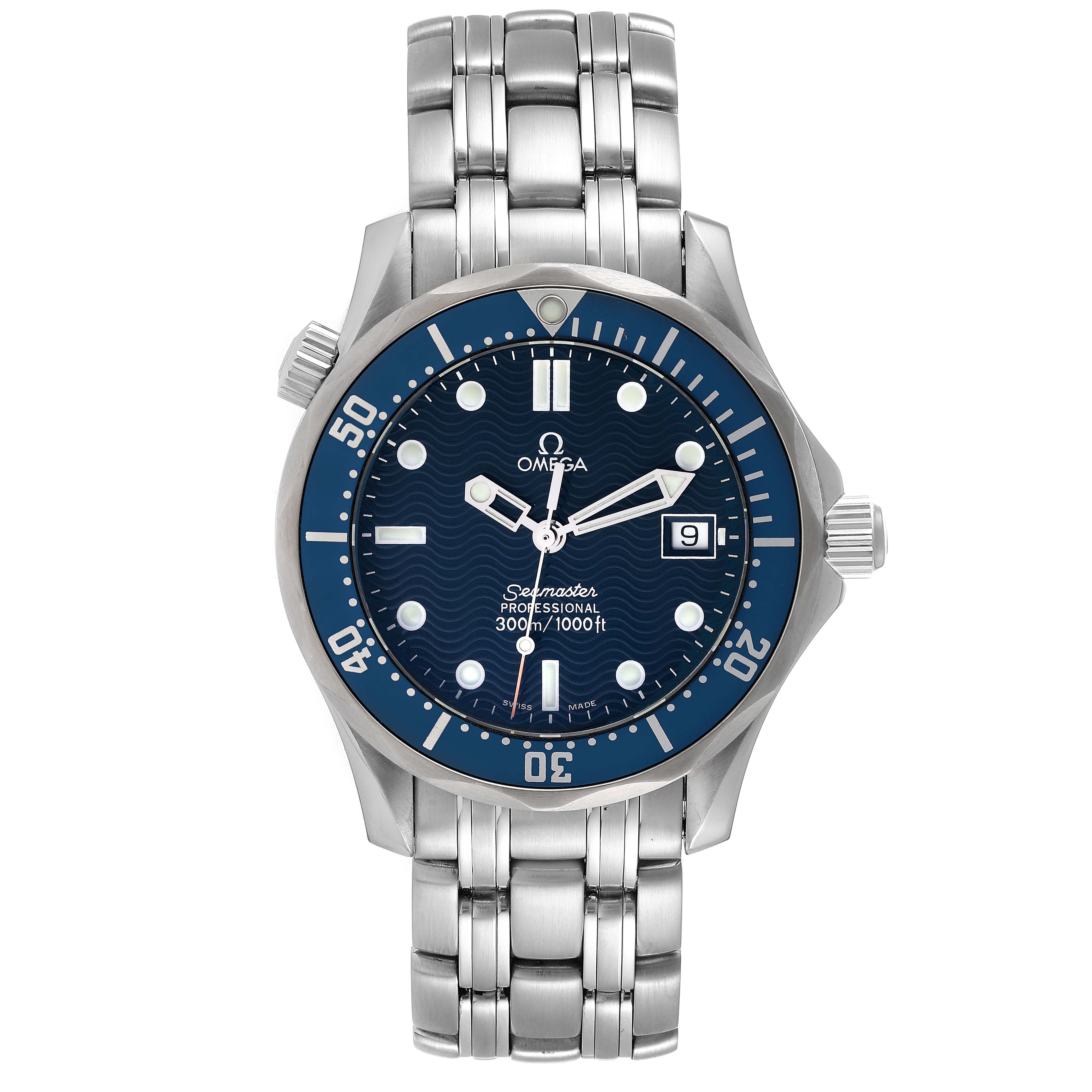The image shows a front view of an Omega Seamaster 2561.80.00 Men's Stainless Steel Blue Dial 2561.80.00 Men's Stainless Steel Blue Dial watch, displaying its face, bezel, crown, and stainless steel bracelet.