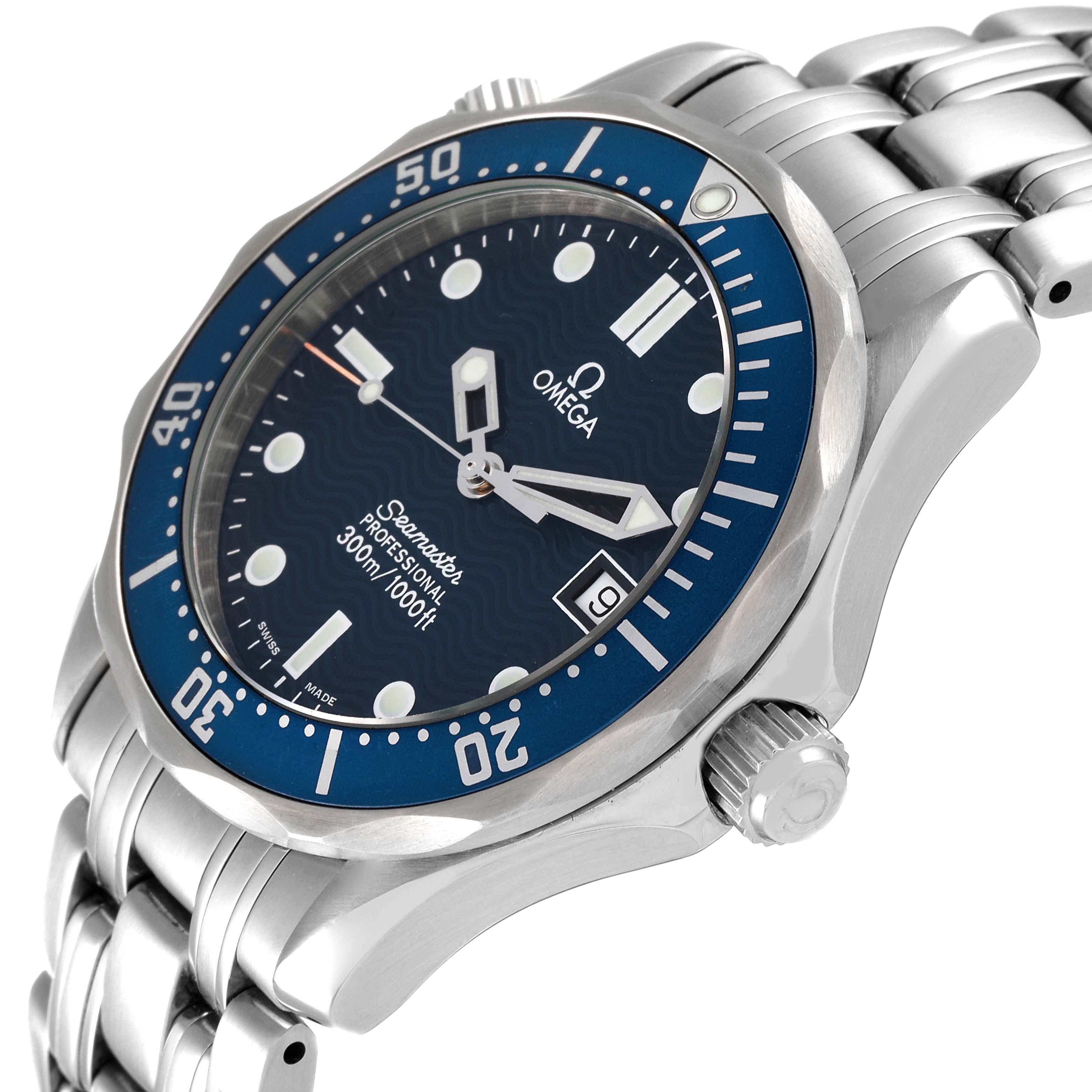 This image shows an angled front view of the Omega Seamaster 2561.80.00 Men's Stainless Steel Blue Dial 2561.80.00 Men's Stainless Steel Blue Dial watch, highlighting its dial, bezel, case, and part of the bracelet.