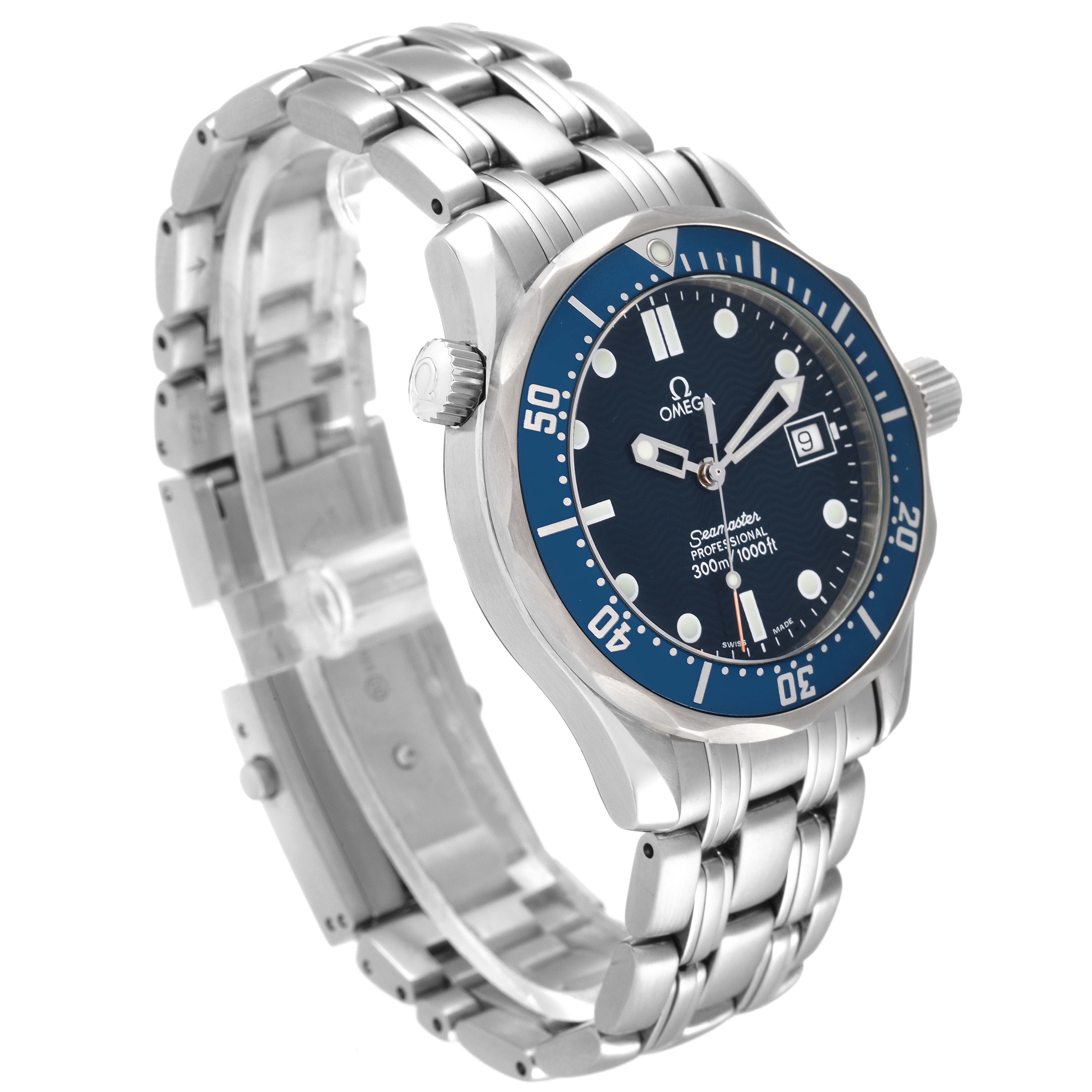 The Omega Seamaster 2561.80.00 Men's Stainless Steel Blue Dial 2561.80.00 Men's Stainless Steel Blue Dial watch is displayed at an angle, showing its blue dial, stainless steel bracelet, and rotating bezel.