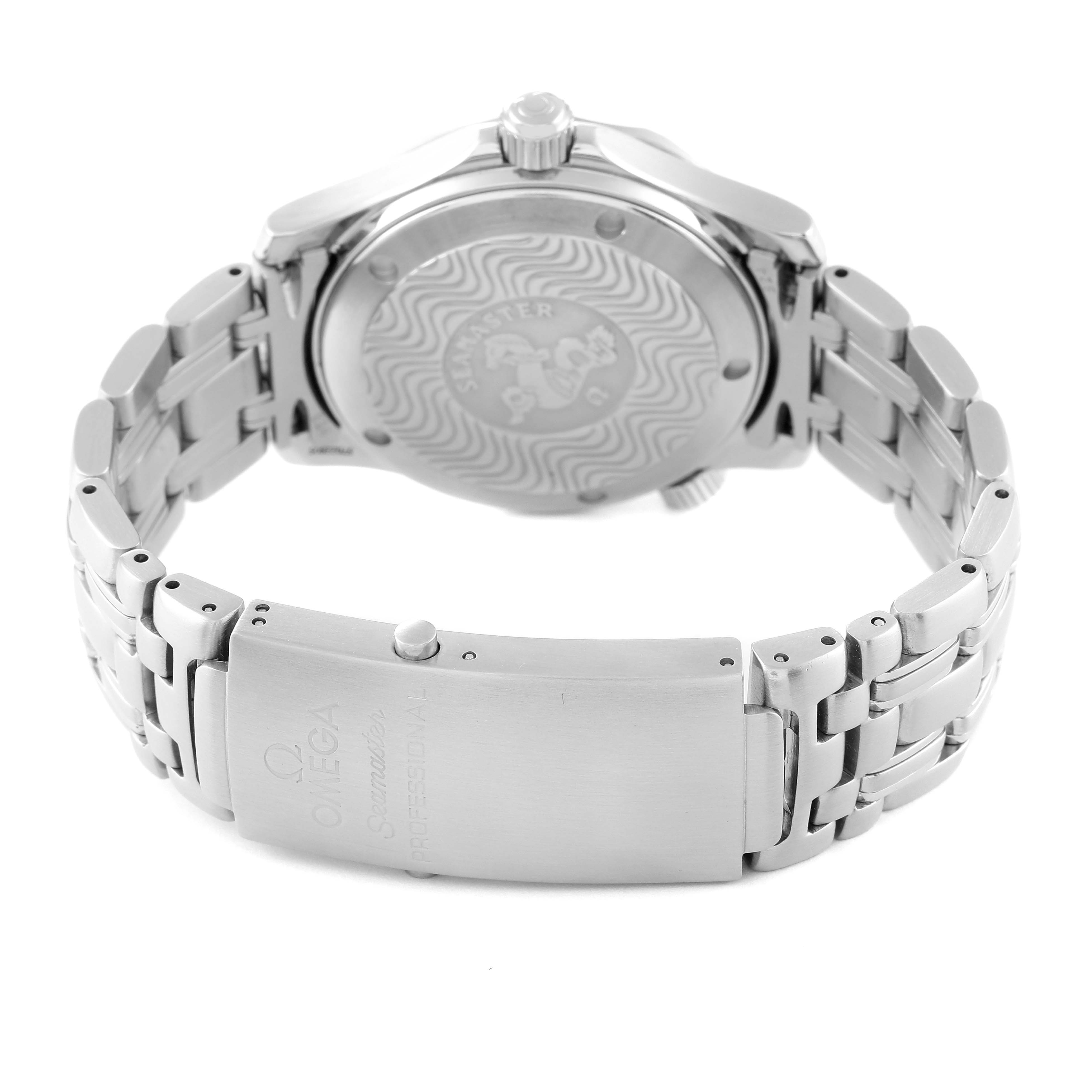 The image shows the Omega Seamaster 2561.80.00 Men's Stainless Steel Blue Dial 2561.80.00 Men's Stainless Steel Blue Dial watch from a rear angle, highlighting the metal bracelet, clasp, and engraved case back.