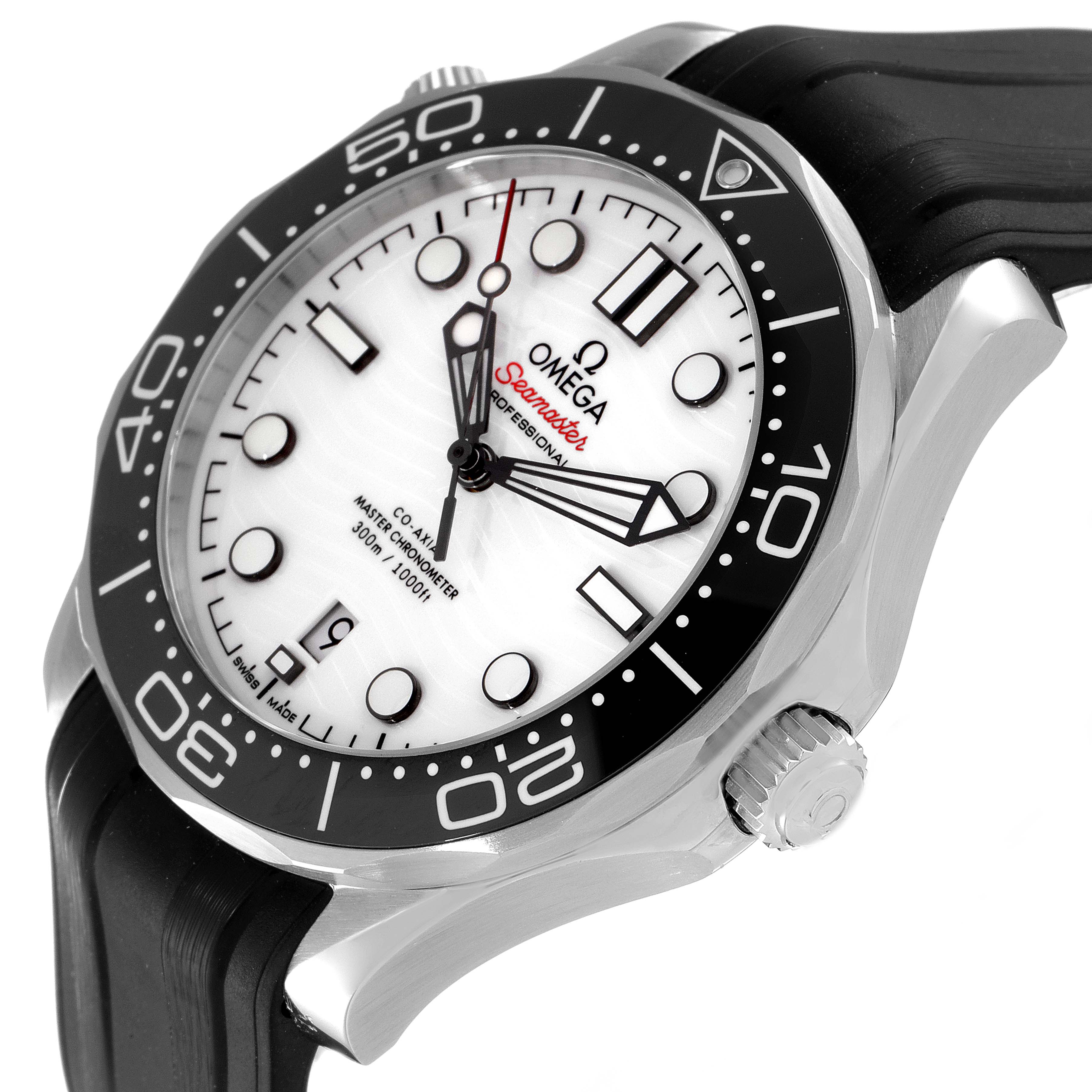 The image shows an Omega Seamaster 210.32.42.20.04.001 Men's Stainless Steel White Dial 210.32.42.20.04.001 Men's Stainless Steel White Dial watch at an angle showcasing the dial, bezel, case, crown, and part of the rubber strap.