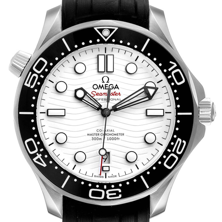 This image shows a close-up front view of an Omega Seamaster watch, highlighting the face, bezel, and crown.