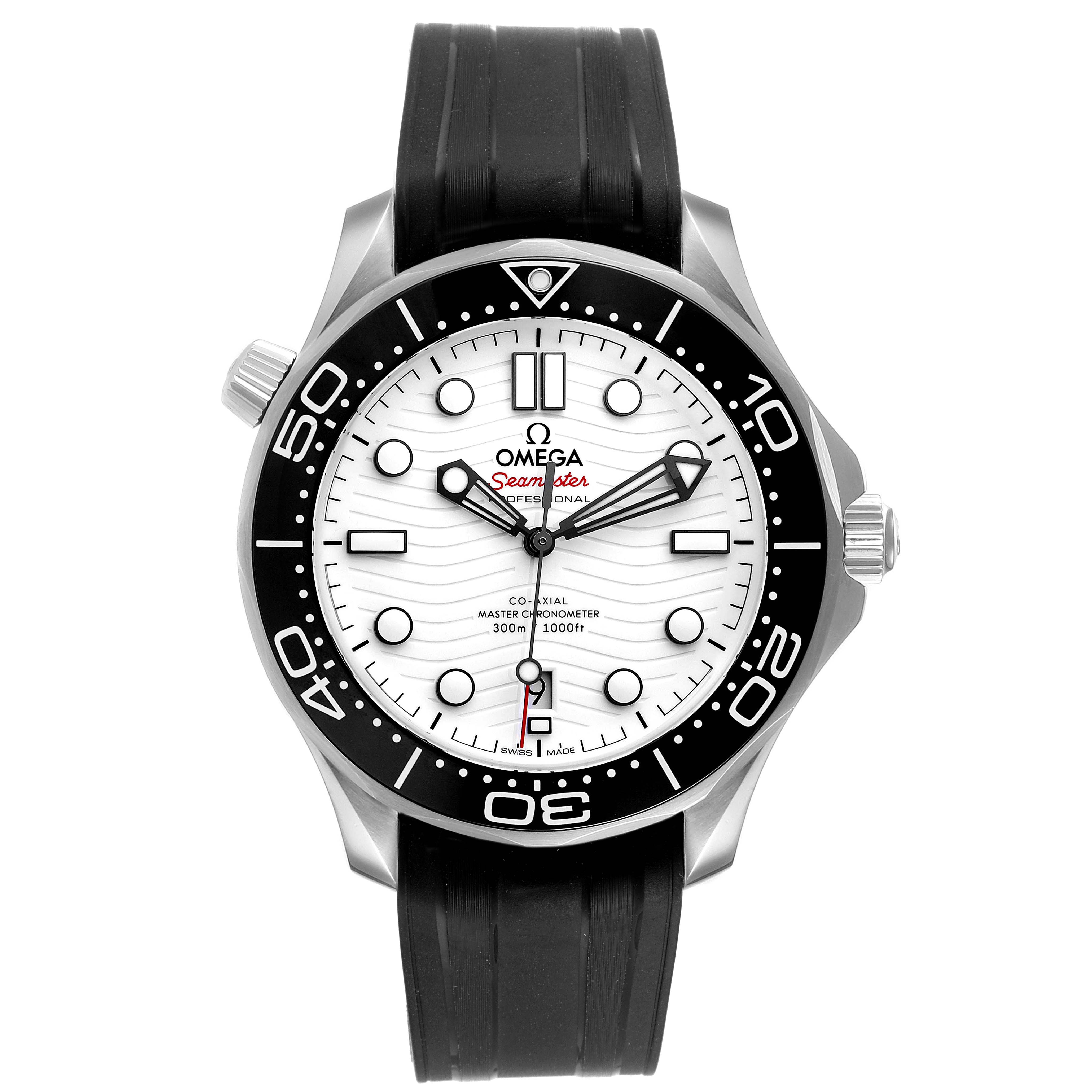 The Omega Seamaster 210.32.42.20.04.001 Men's Stainless Steel White Dial 210.32.42.20.04.001 Men's Stainless Steel White Dial watch is displayed from a front angle, showing the face, bezel, and rubber strap.