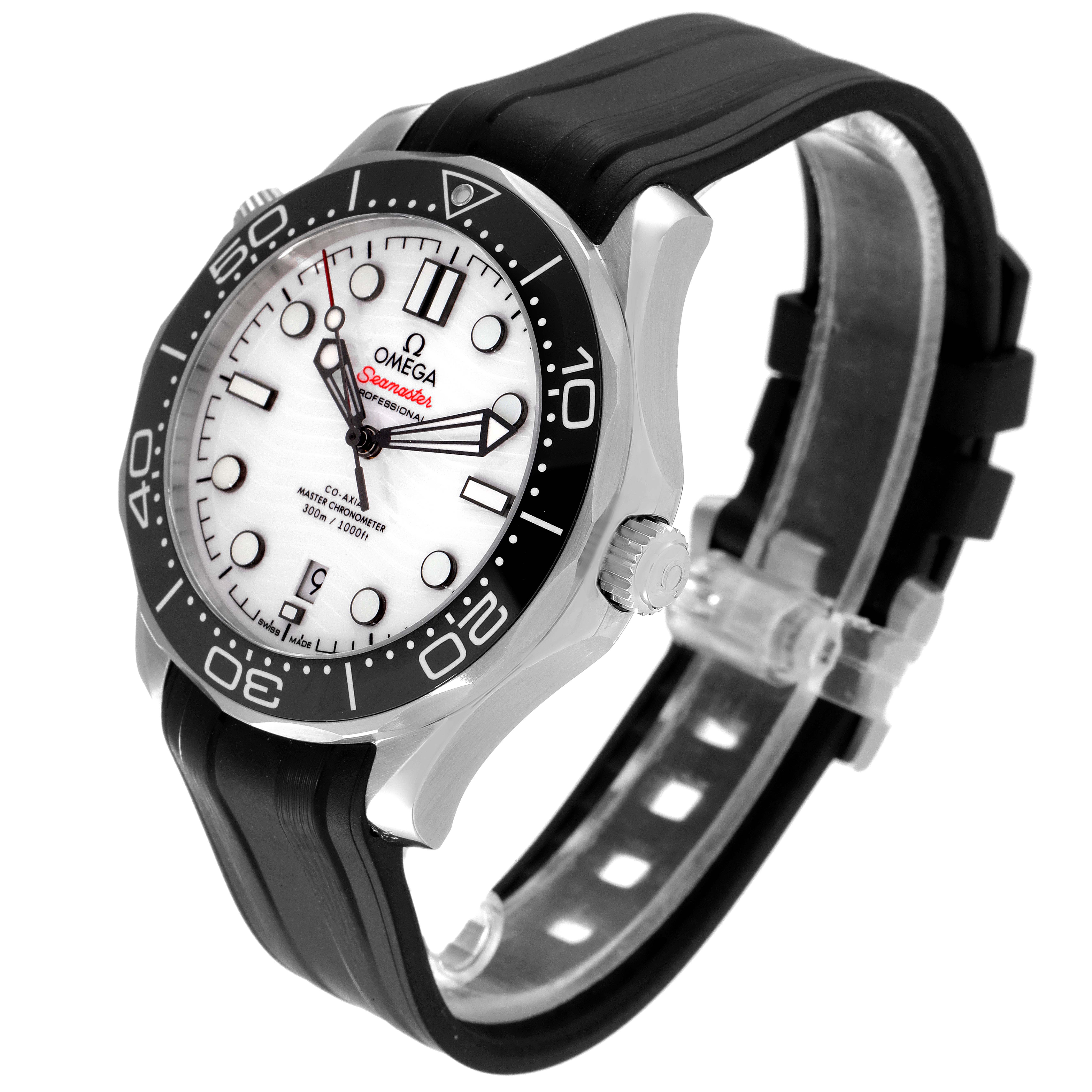 The Omega Seamaster 210.32.42.20.04.001 Men's Stainless Steel White Dial 210.32.42.20.04.001 Men's Stainless Steel White Dial watch is displayed at a slight angle, showcasing its face, bezel, crown, and black strap.