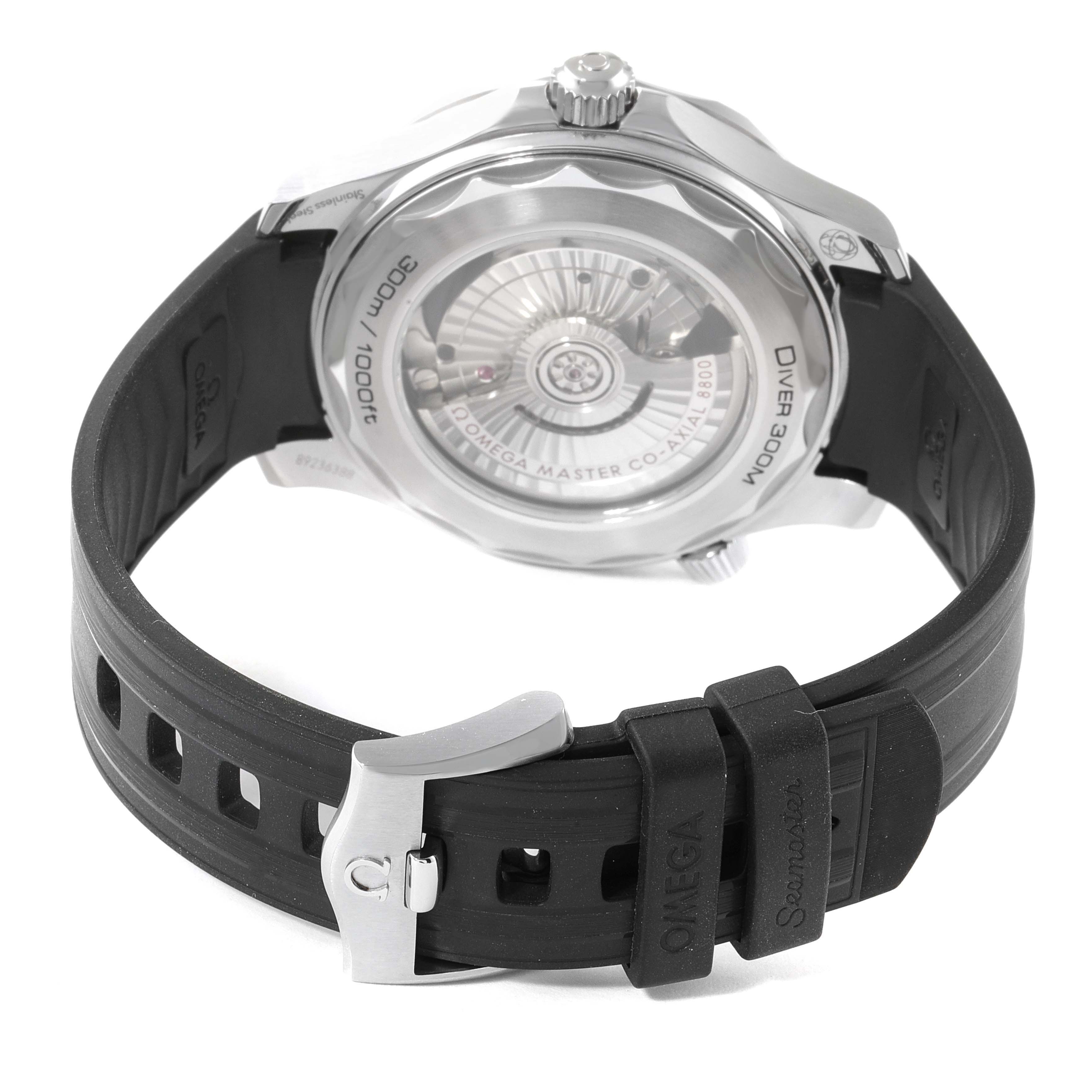 The image shows the back view of an Omega Seamaster 210.32.42.20.04.001 Men's Stainless Steel White Dial 210.32.42.20.04.001 Men's Stainless Steel White Dial watch, featuring its case back and black rubber strap with a buckle.