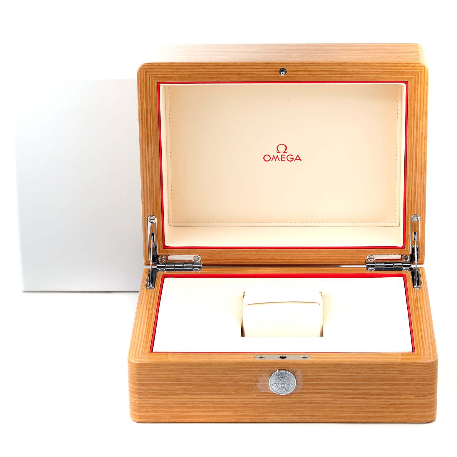This image shows an open wooden Omega Seamaster 210.32.42.20.04.001 Men's Stainless Steel White Dial 210.32.42.20.04.001 Men's Stainless Steel White Dial watch box with a cushion for the watch.
