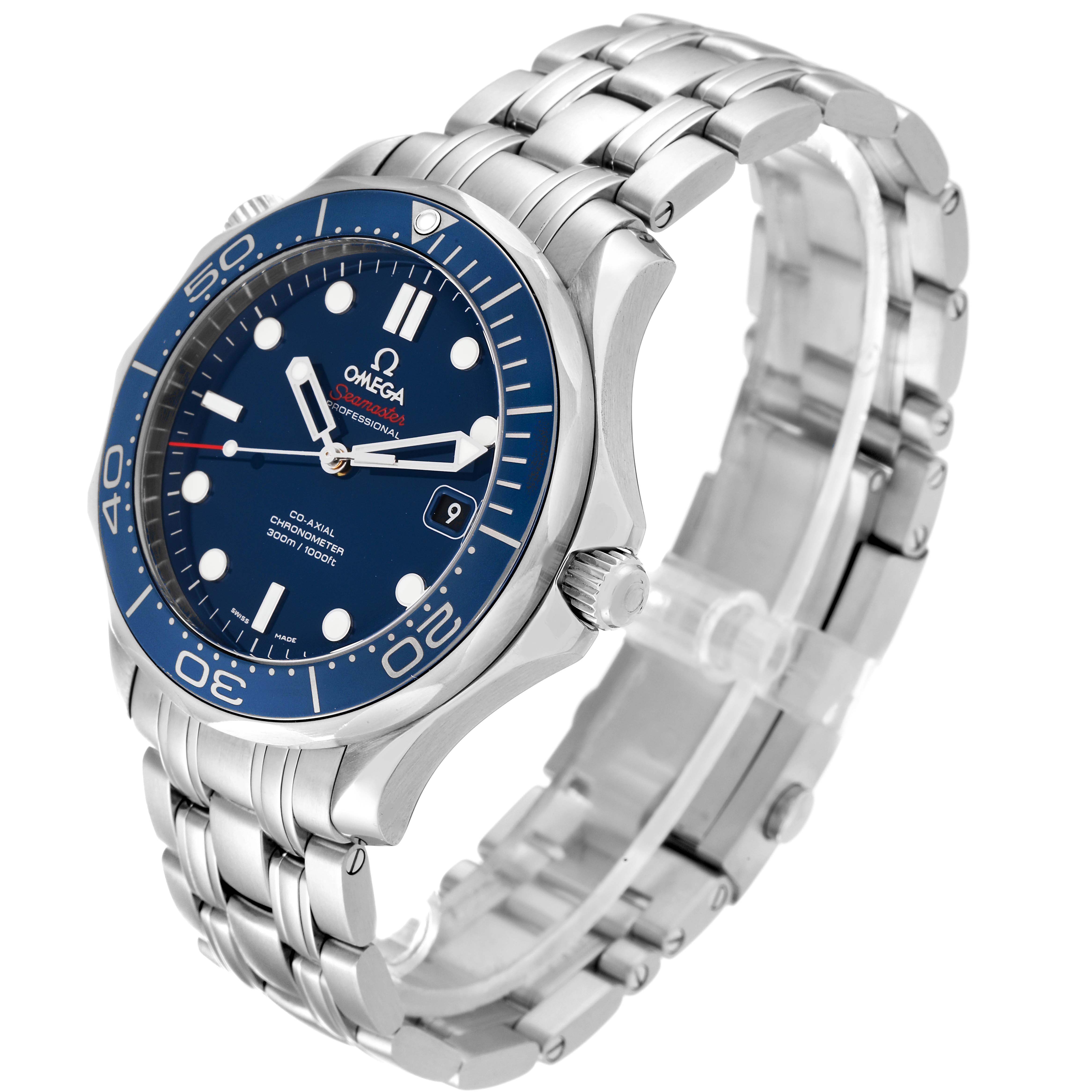 The Omega Seamaster 212.30.41.20.03.001 Men
s Stainless Steel Blue Dial 212.30.41.20.03.001 Men
s Stainless Steel Blue Dial watch is shown at a three-quarter angle, highlighting its face, bezel, crown, and metal bracelet.