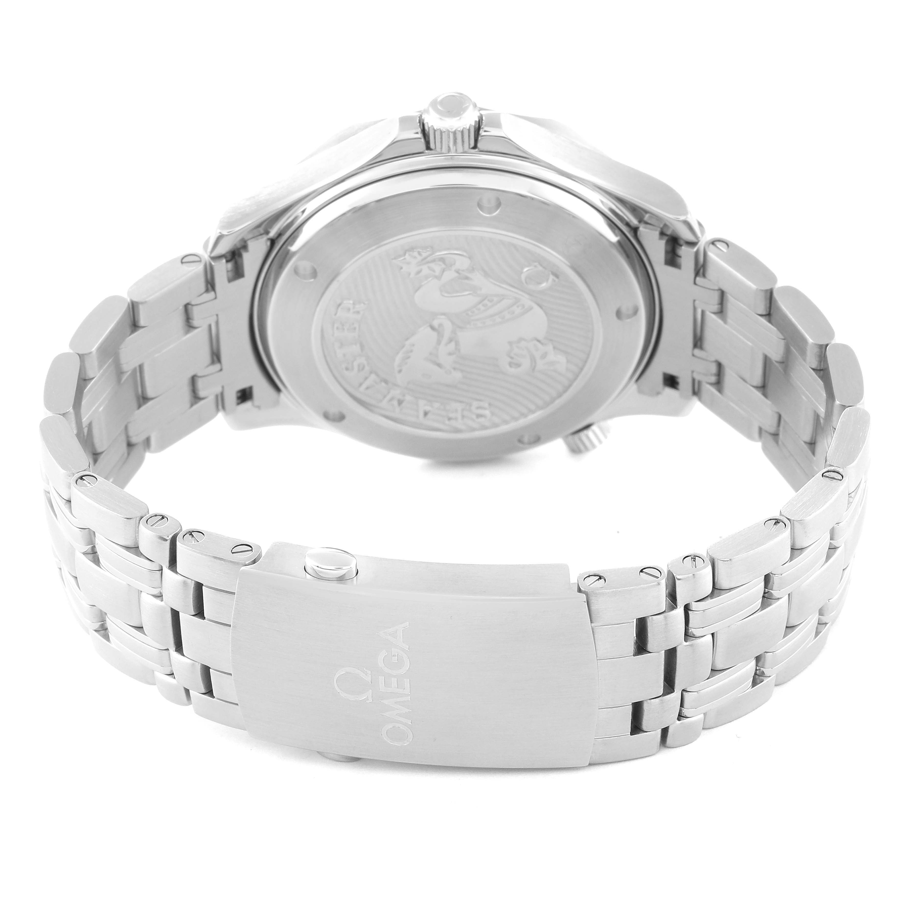 This is a rear view of the Omega Seamaster 212.30.41.20.03.001 Men
s Stainless Steel Blue Dial 212.30.41.20.03.001 Men
s Stainless Steel Blue Dial, showing the case back, crown, and bracelet with the Omega logo clasp.